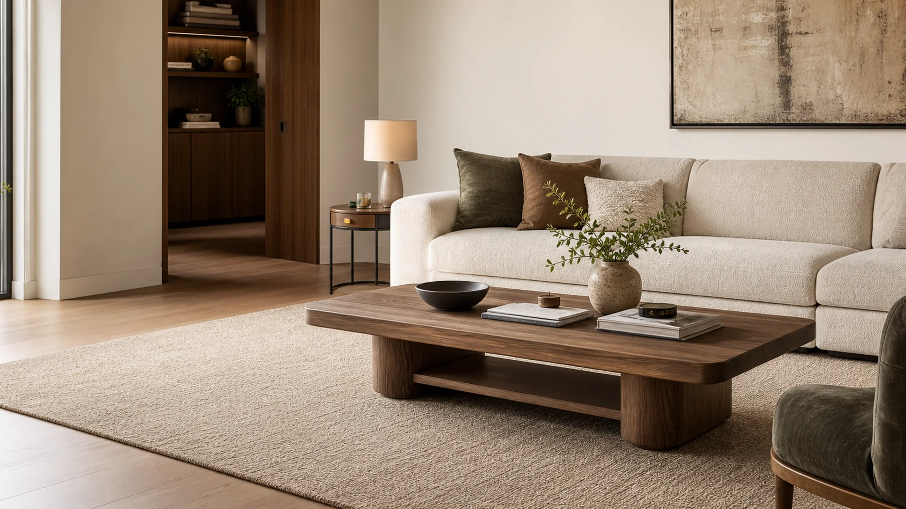 Modern living room with a curated coffee table, sofa, and warm neutral furniture