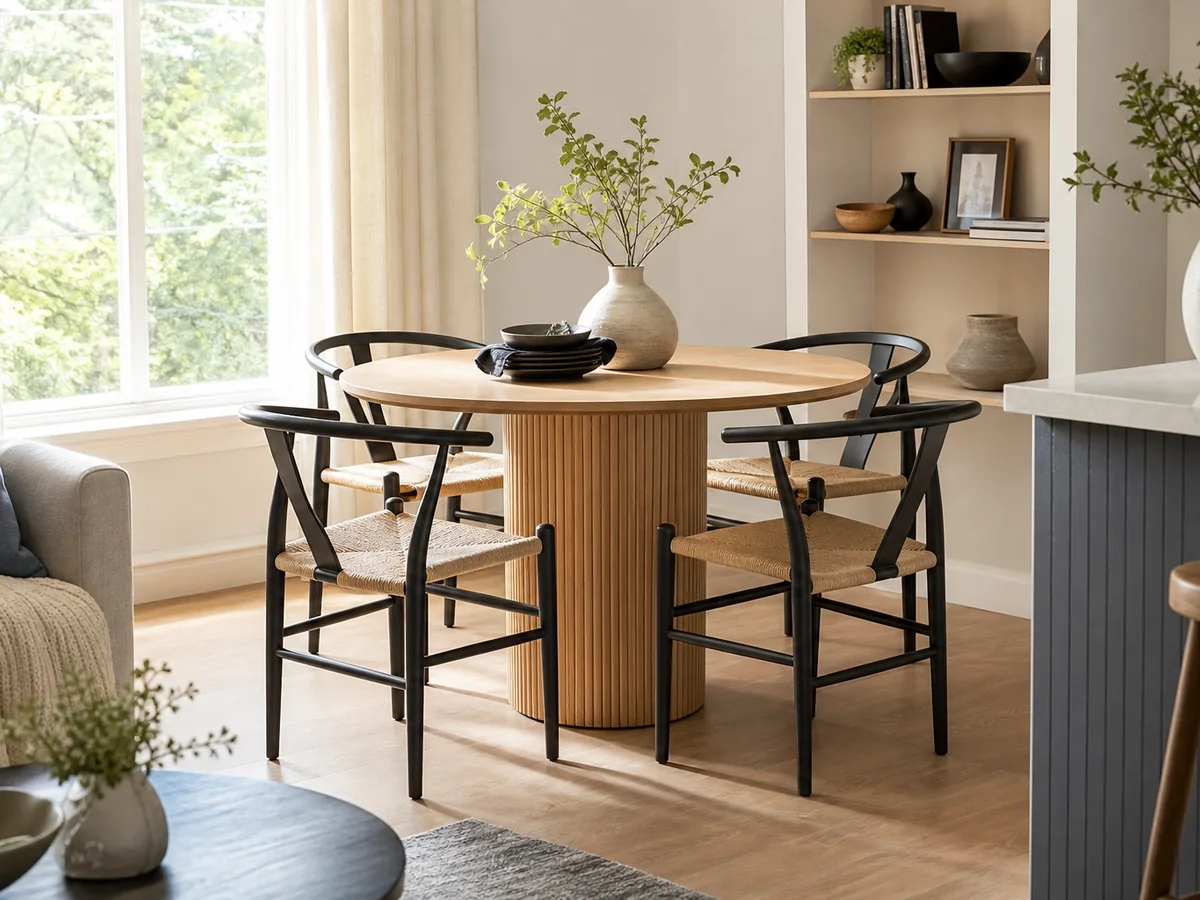 Round dining table for four in a compact modern dining nook