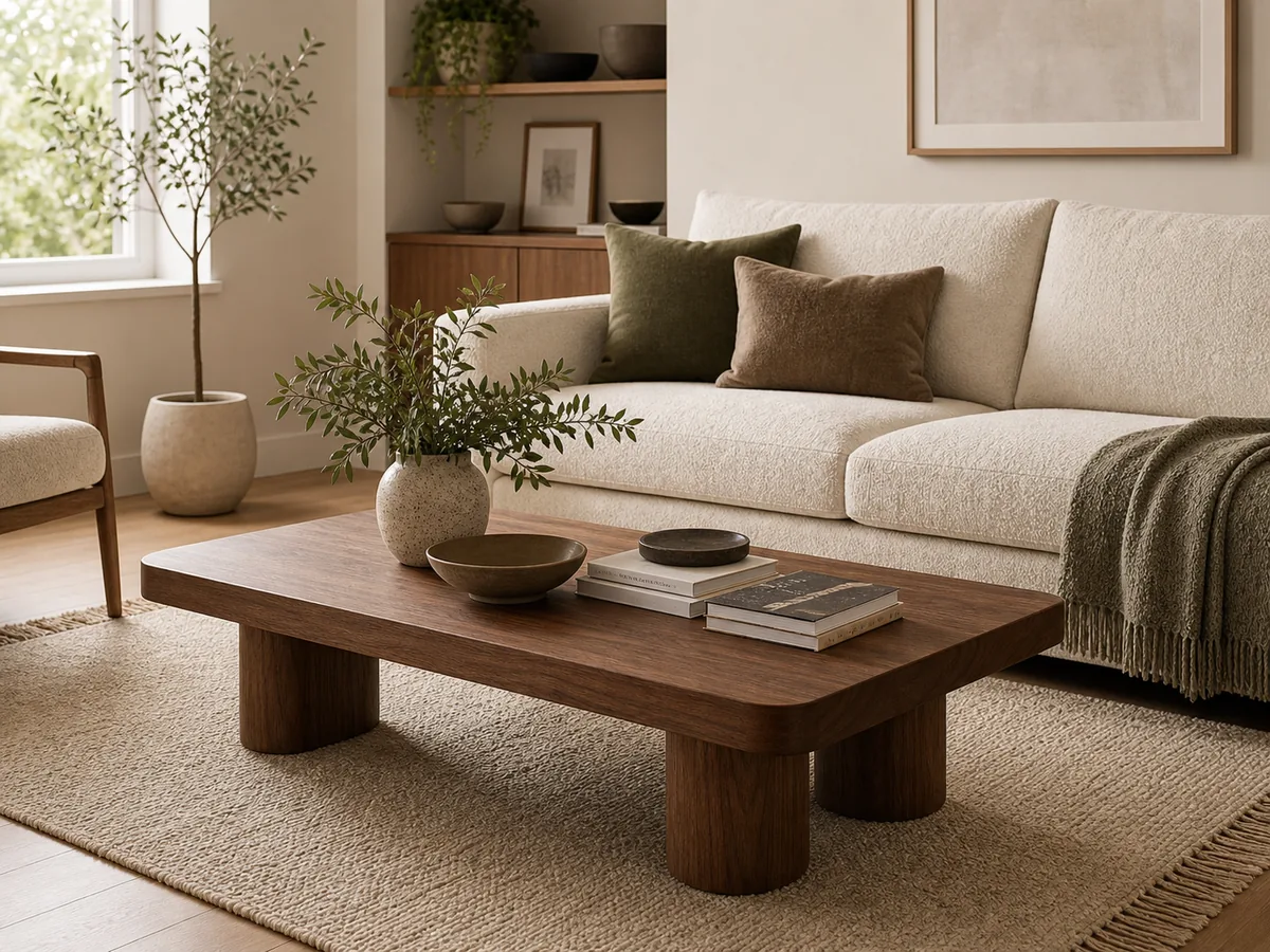 Rectangular walnut coffee table in a warm modern living room