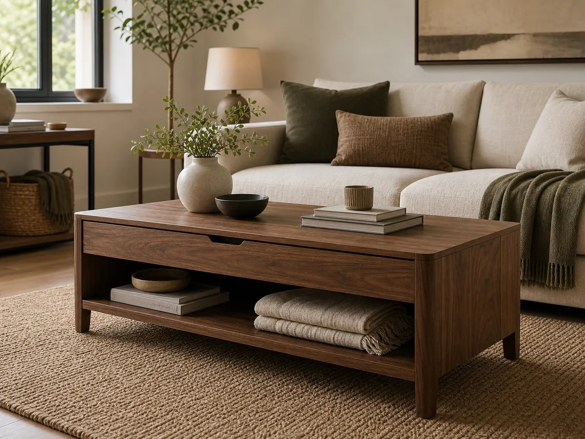 Coffee table with drawer and open shelf storage in a warm modern living room