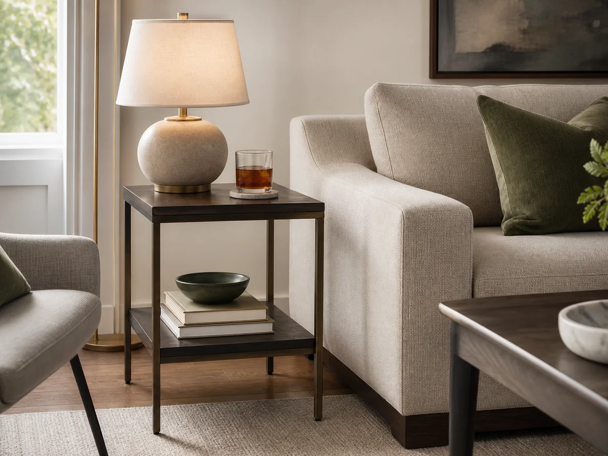 Compact side table beside a sofa in a modern living room