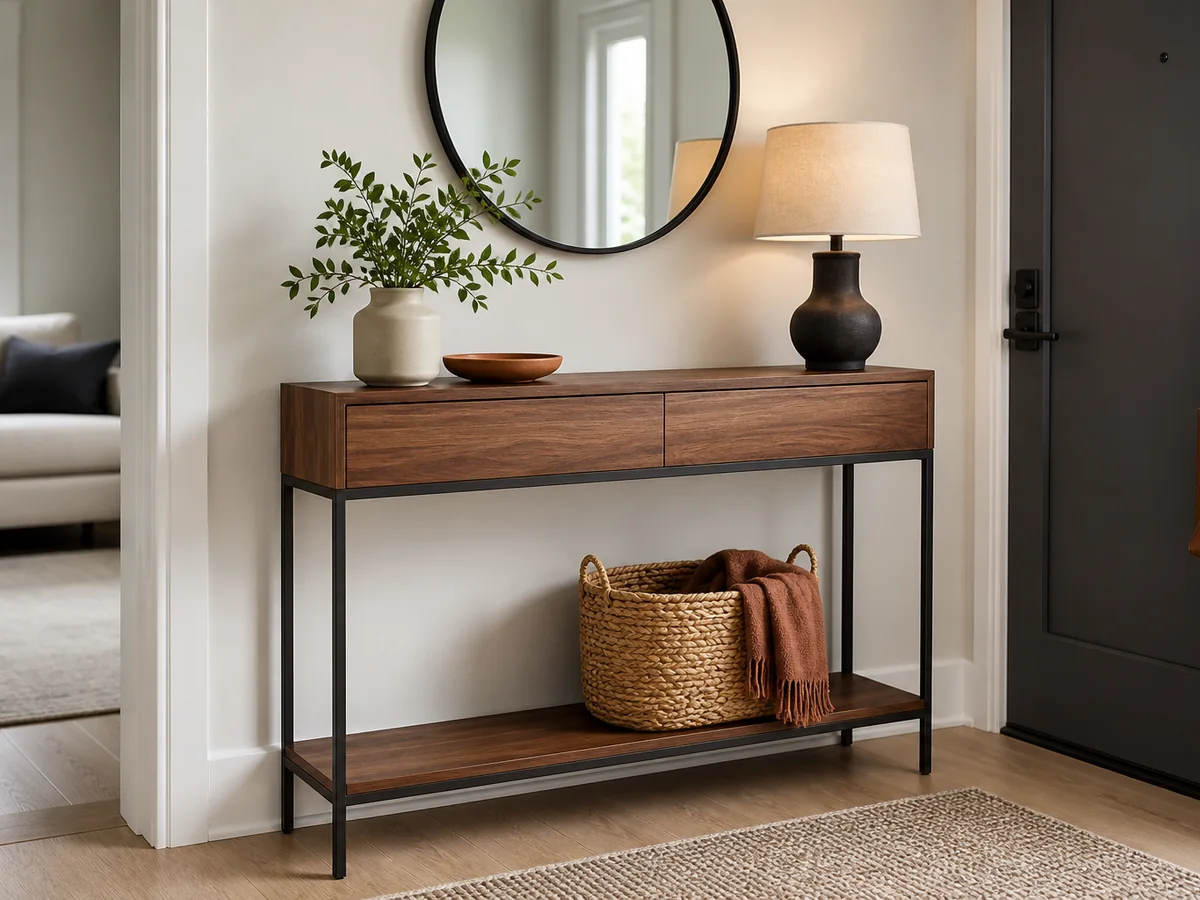 Narrow wood console table in a modern apartment entryway
