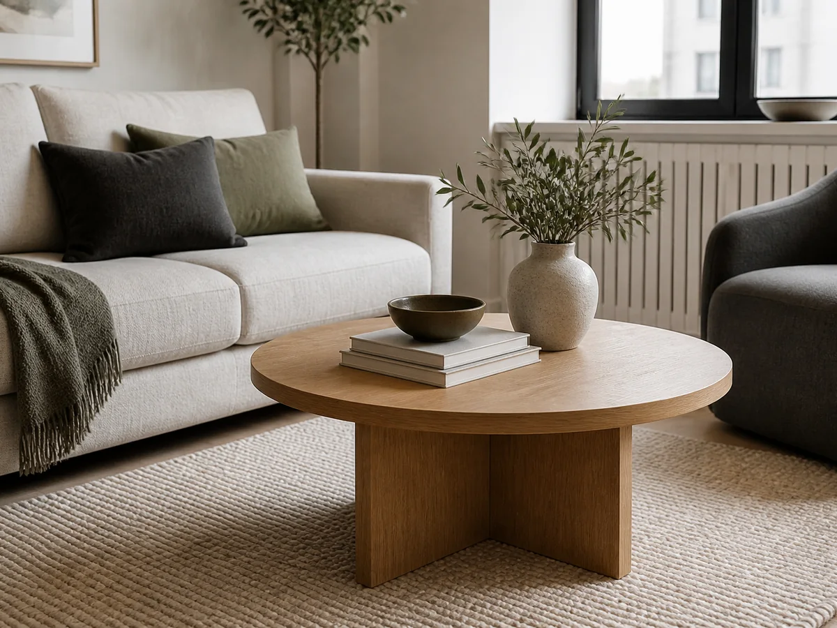 Round coffee table styled in a compact apartment living room