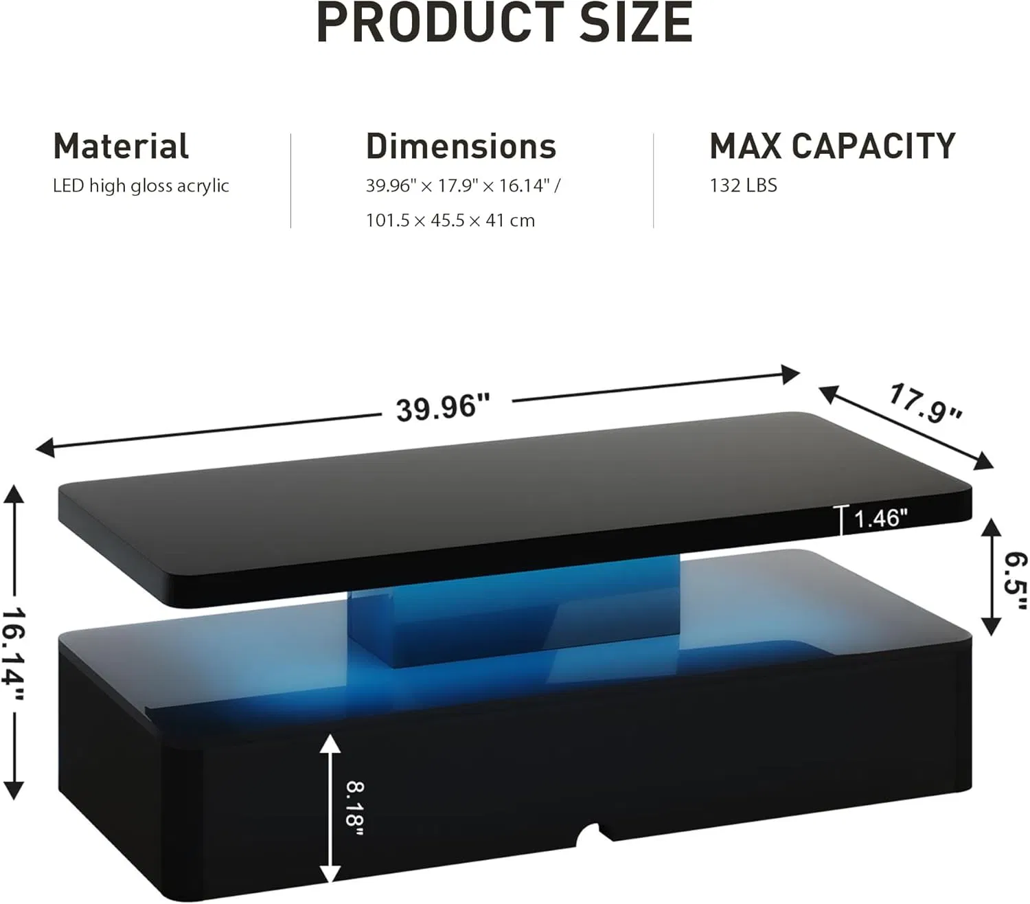 Black LED Coffee Table with Two-Tier Storage, 40" — dimension and storage-capacity infographic