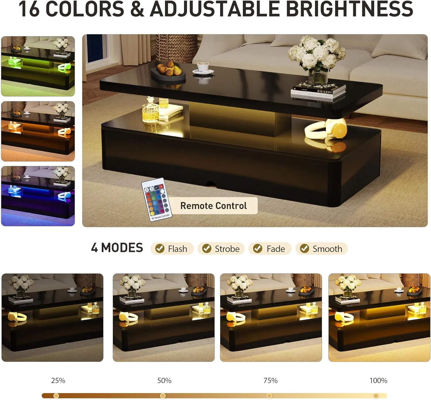 Black LED Coffee Table with Two-Tier Storage, 40" — 16-color LED lighting feature infographic