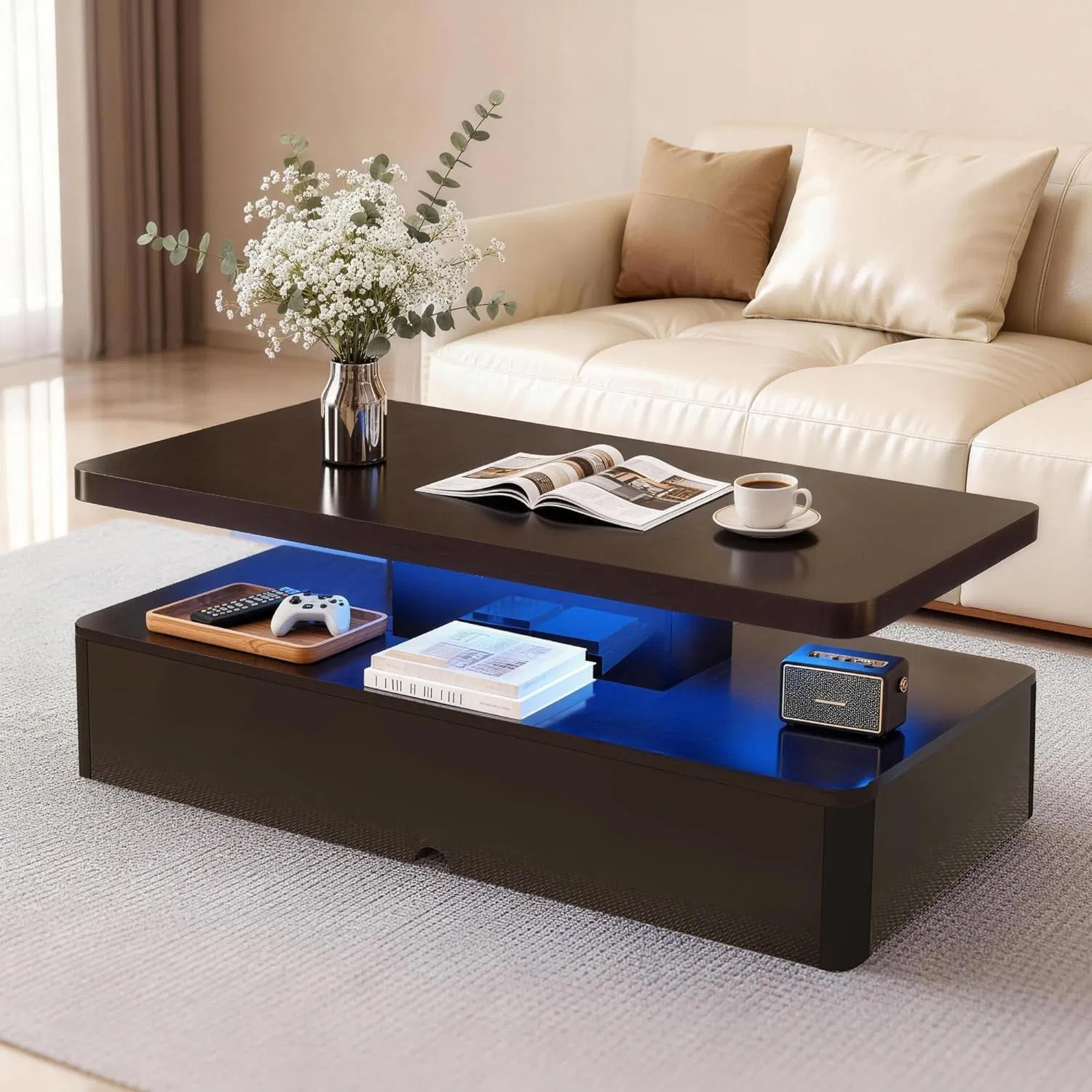 Black LED Coffee Table with Two-Tier Storage, 40" — angled view with blue LED lighting