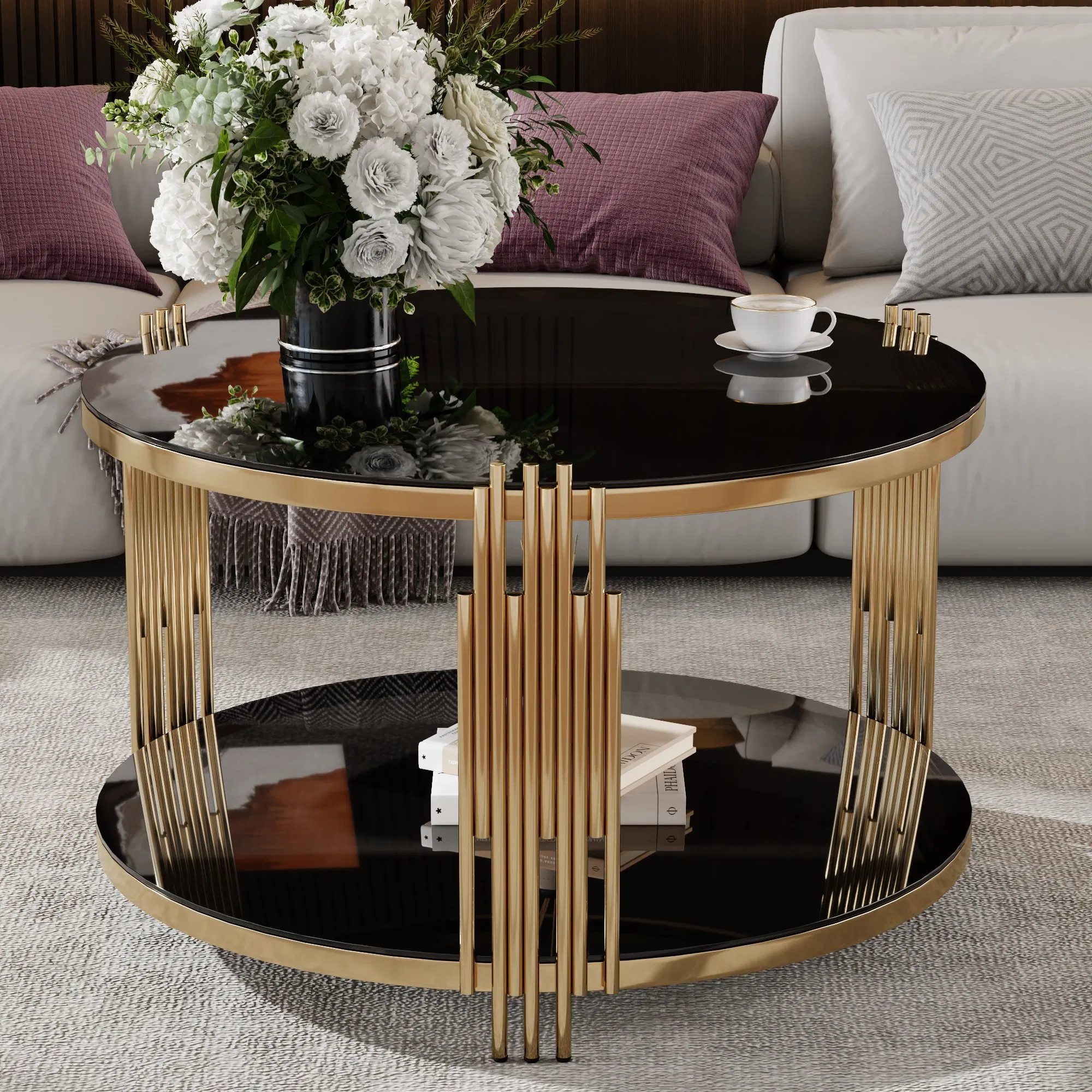 Black Mirrored Coffee Table with Gold Drum Base, 32" — styled in a contemporary living room