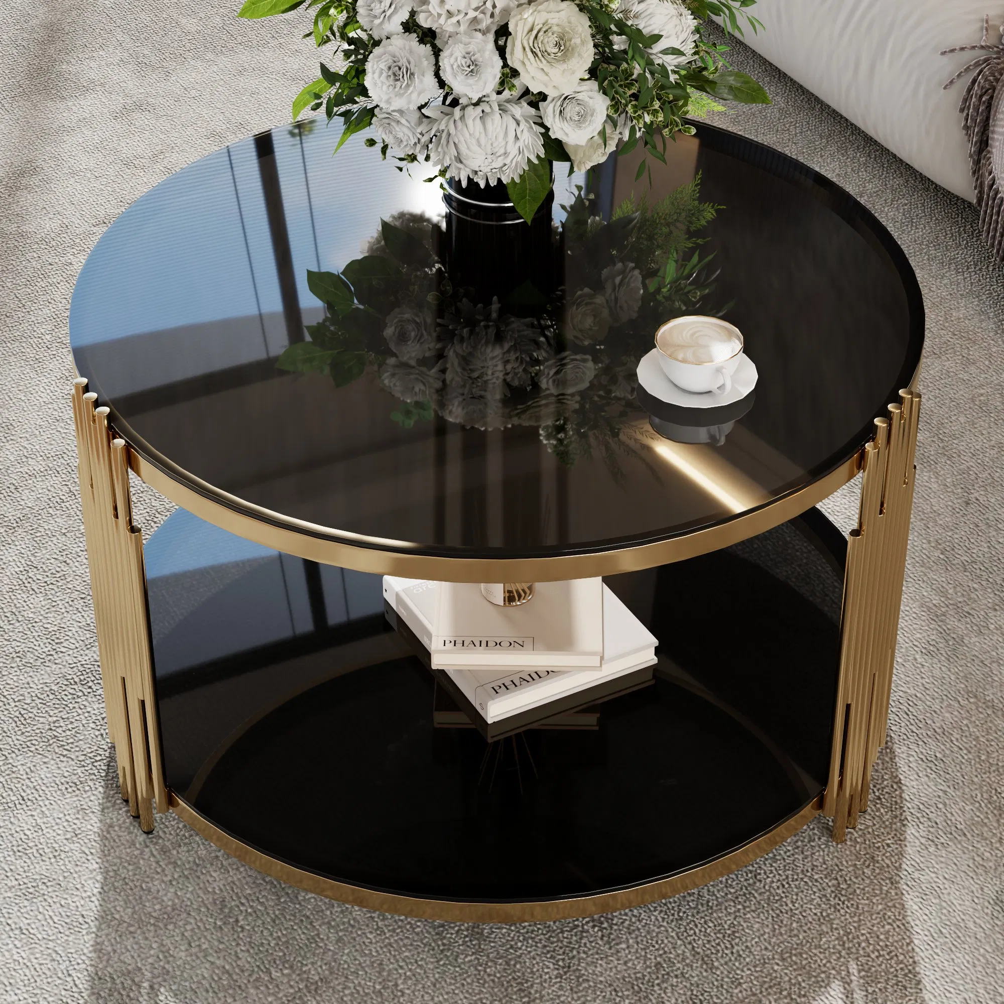 Black Mirrored Coffee Table with Gold Drum Base, 32" — angled lifestyle view beside a modern sofa