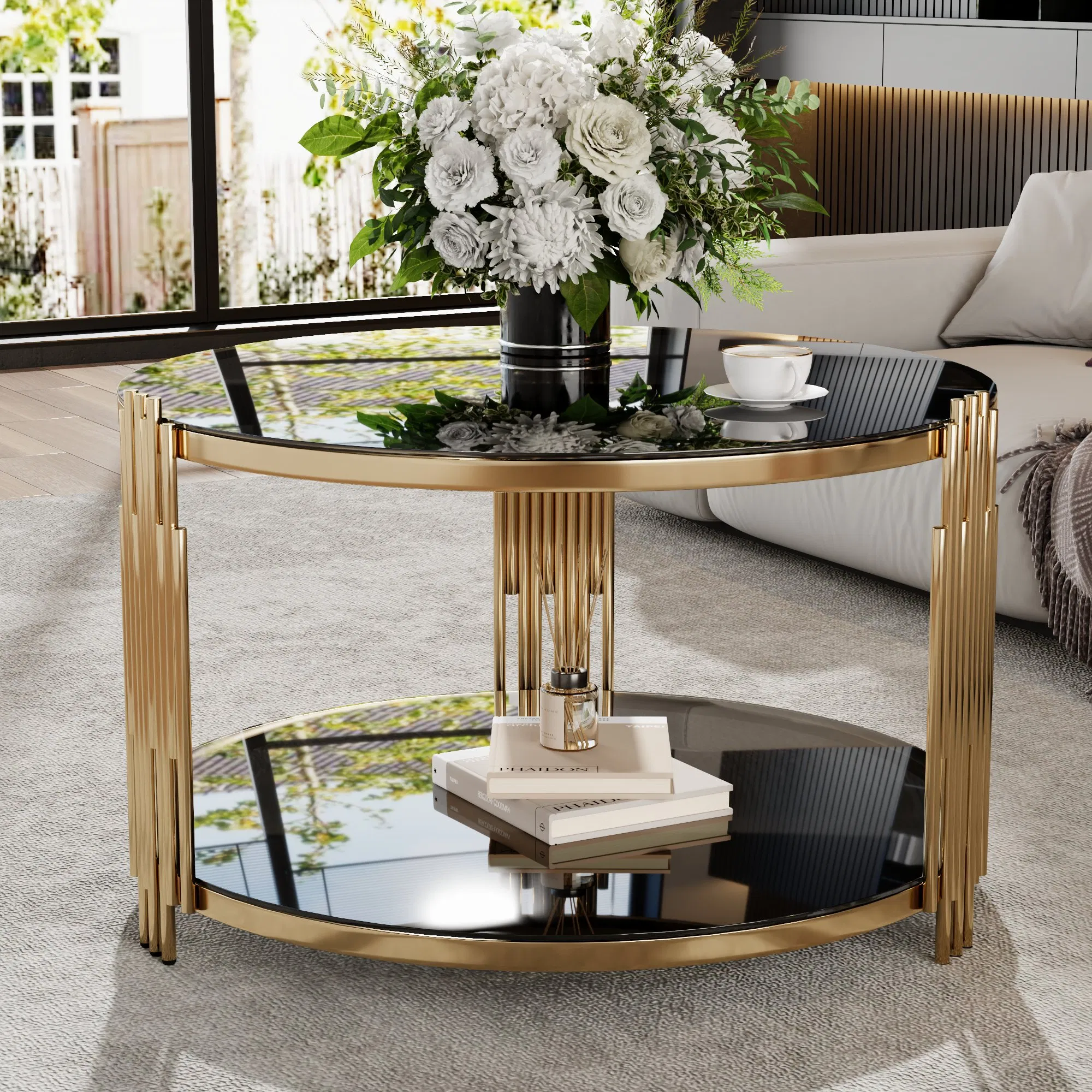 Black Mirrored Coffee Table with Gold Drum Base, 32" — front lifestyle view with decorative objects