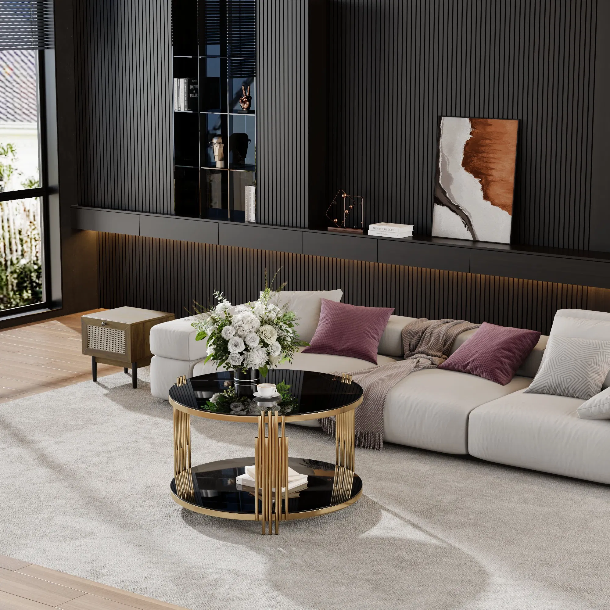 Black Mirrored Coffee Table with Gold Drum Base, 32" — angled product view isolated on white