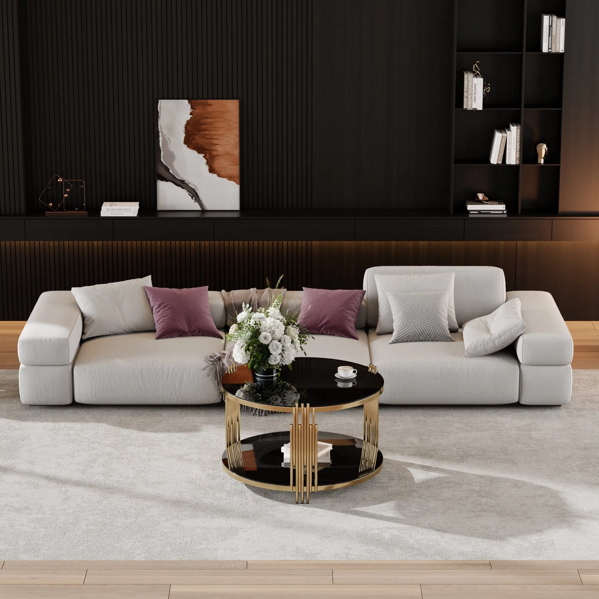 Black Mirrored Coffee Table with Gold Drum Base, 32" — black mirrored tabletop feature close-up