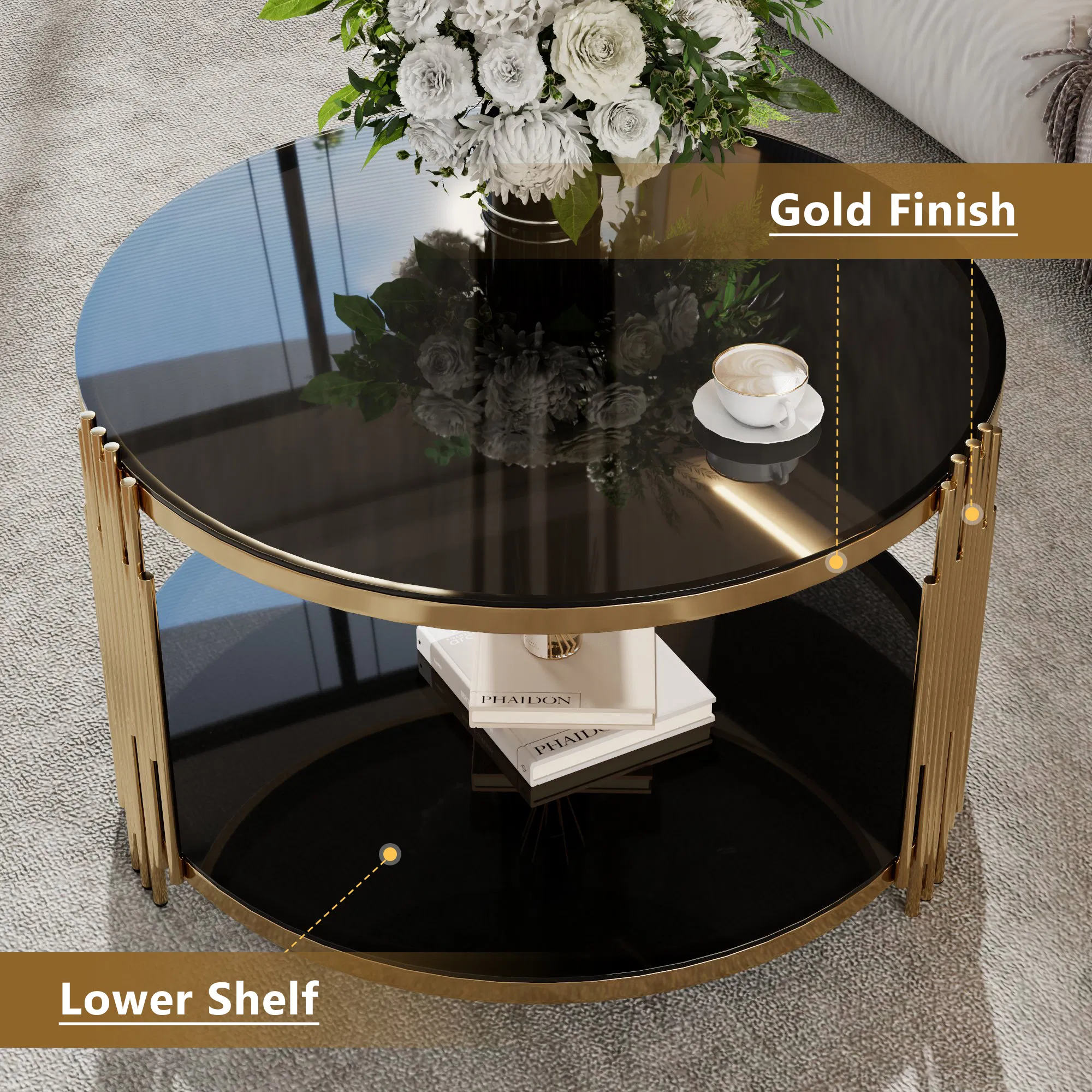 Black Mirrored Coffee Table with Gold Drum Base, 32" — gold drum base and lower-shelf feature infographic