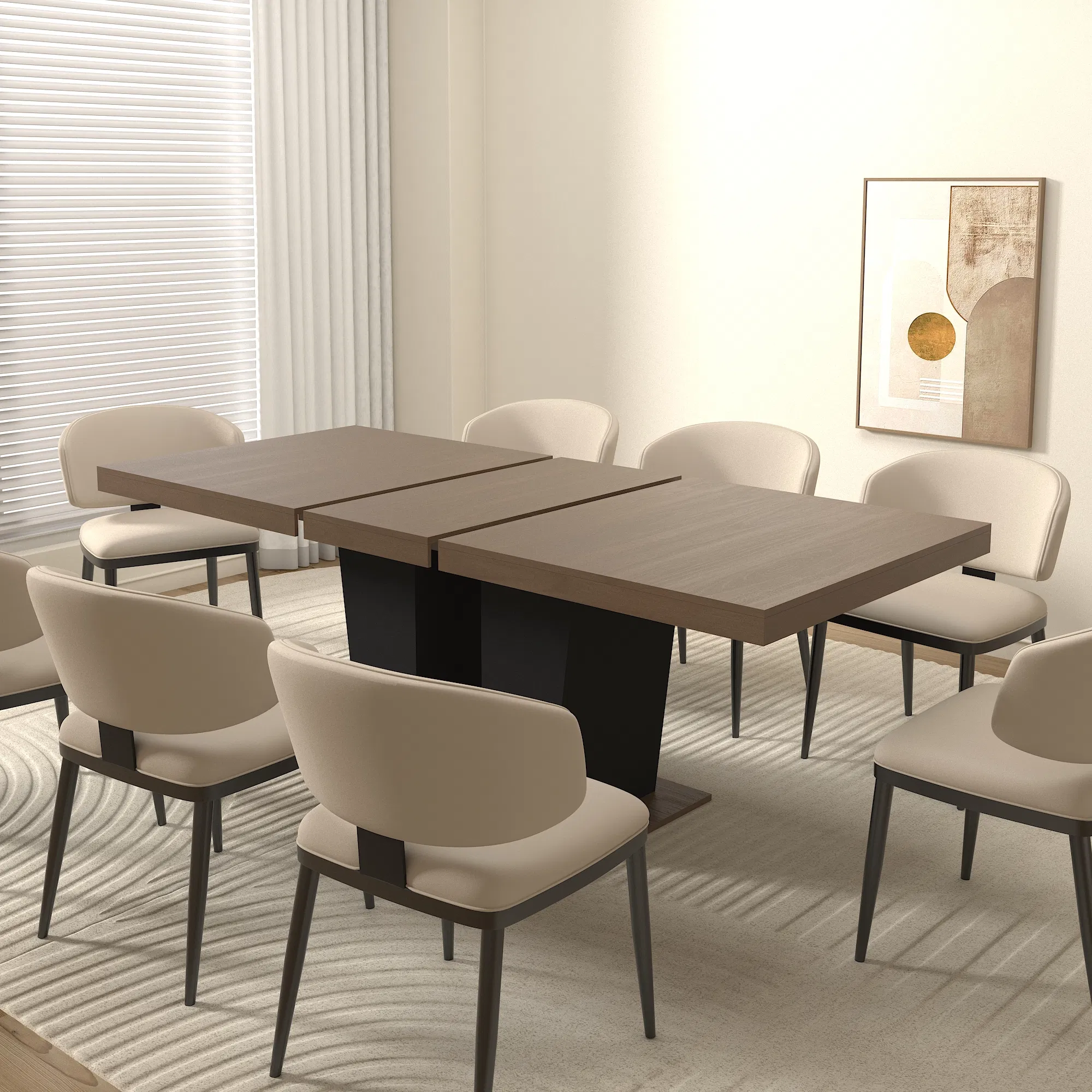 Extendable Brown Dining Table for 6–10, 79" — extended table in a bright dining room with upholstered chairs