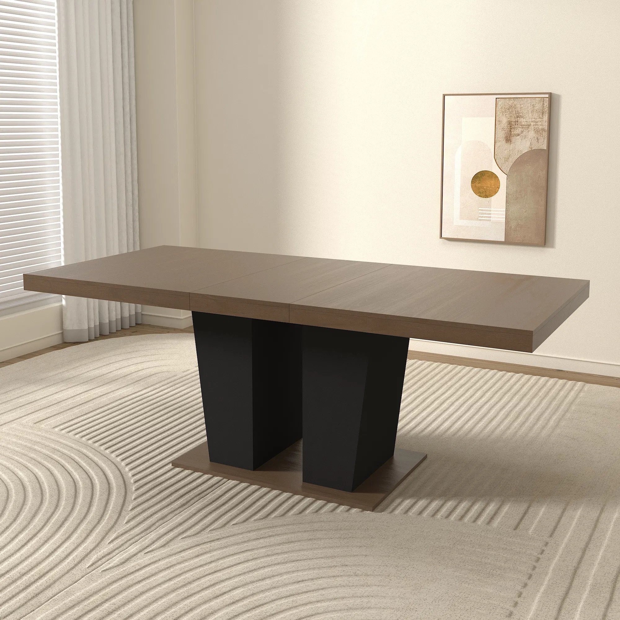 Extendable Brown Dining Table for 6–10, 79" — compact table without chairs in a bright room