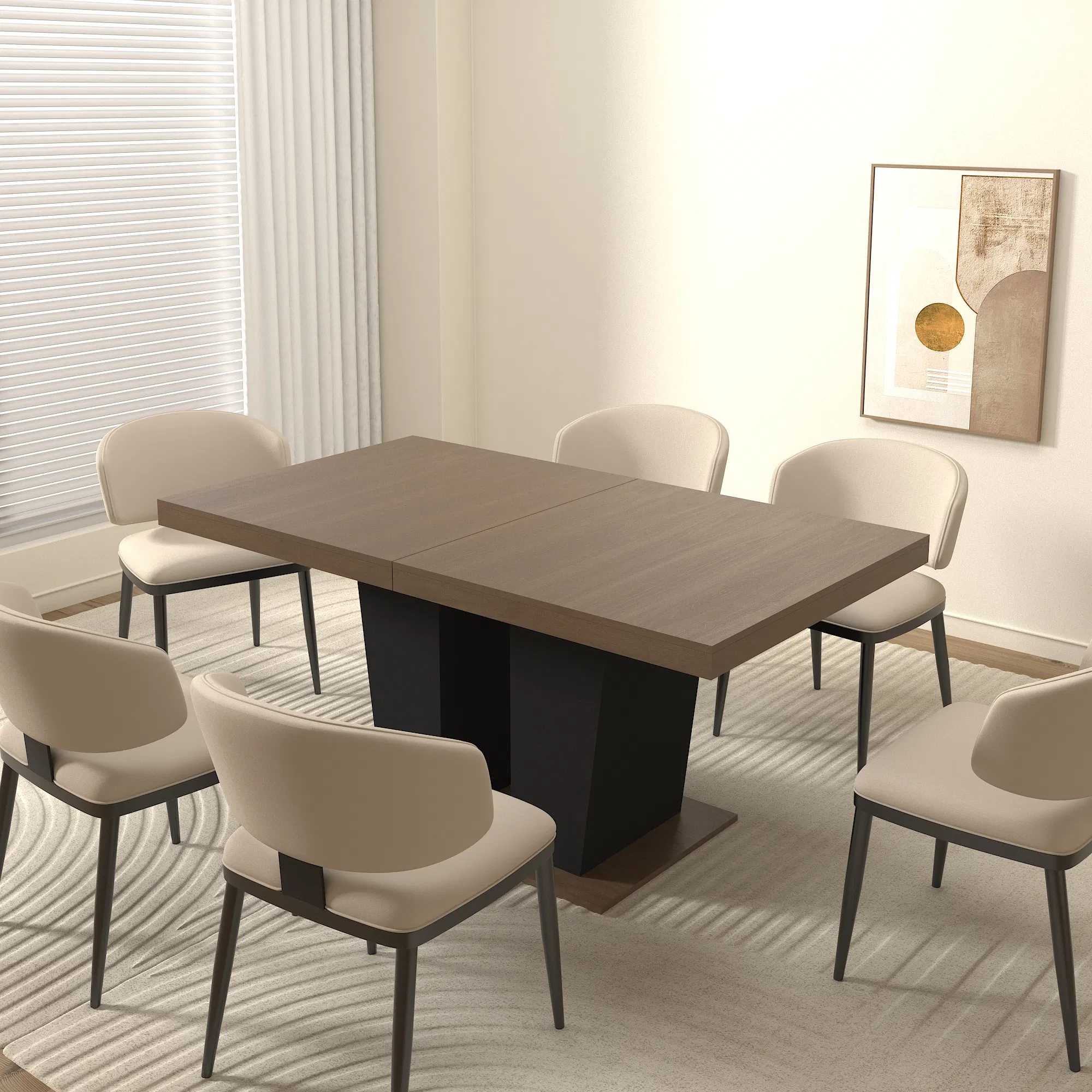 Extendable Brown Dining Table for 6–10, 79" — compact table with four dining chairs