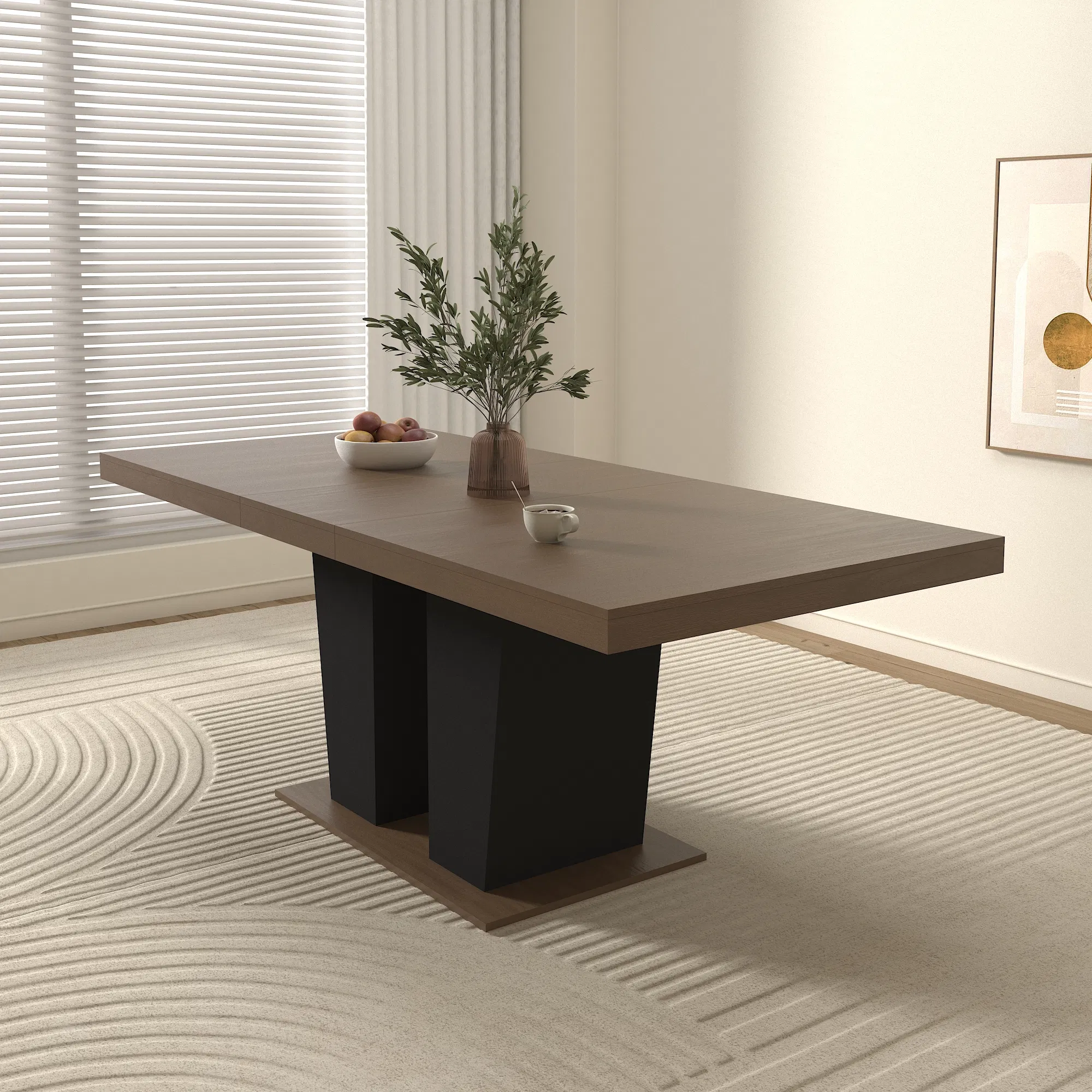 Extendable Brown Dining Table for 6–10, 79" — compact table styled with tabletop decor