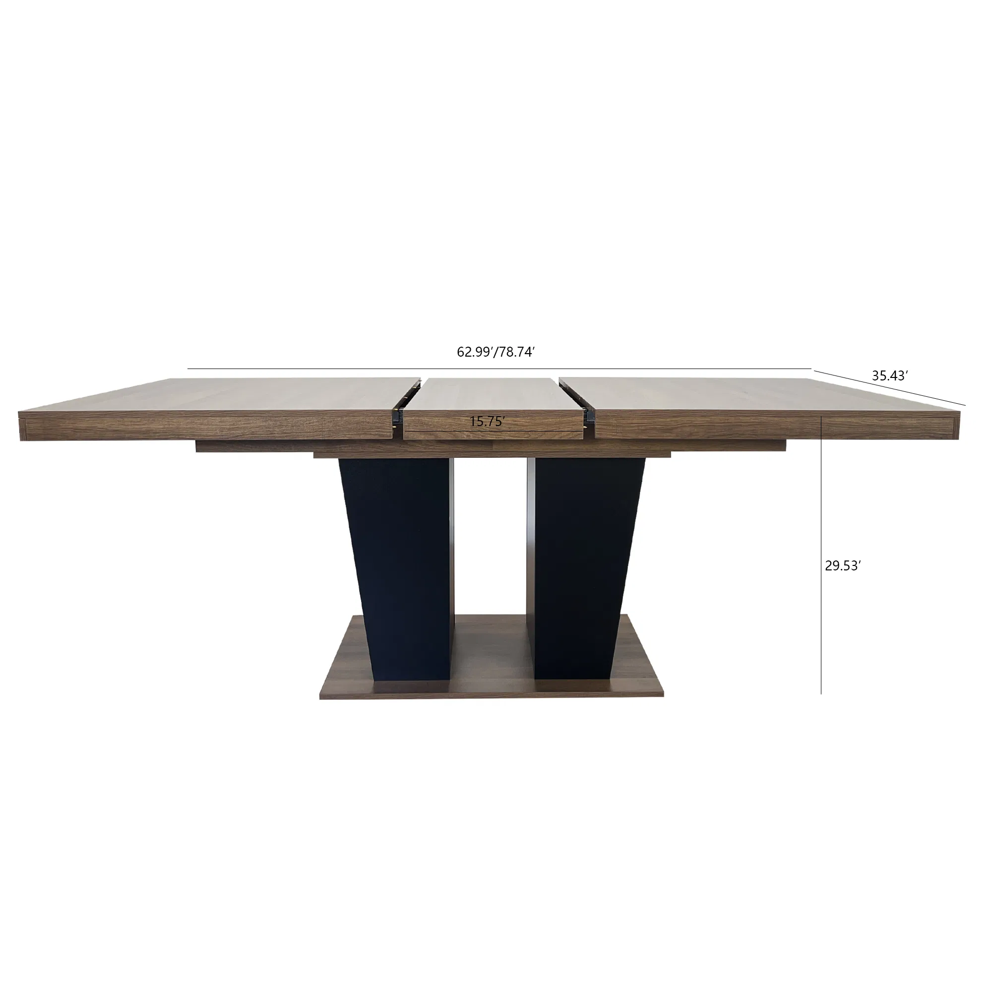 Extendable Brown Dining Table for 6–10, 79" — dimension diagram showing compact and extended lengths
