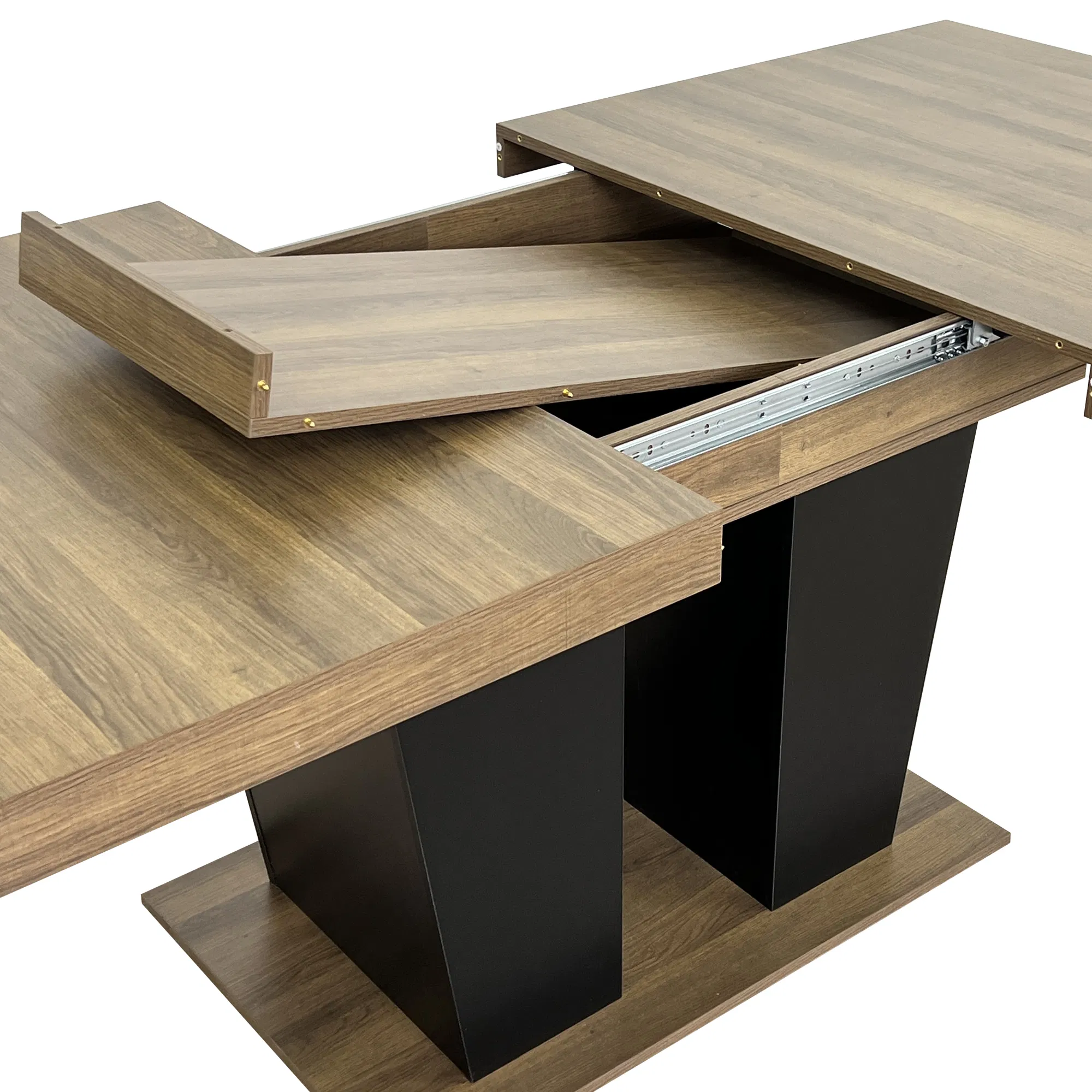 Extendable Brown Dining Table for 6–10, 79" — extension leaves opening at the center