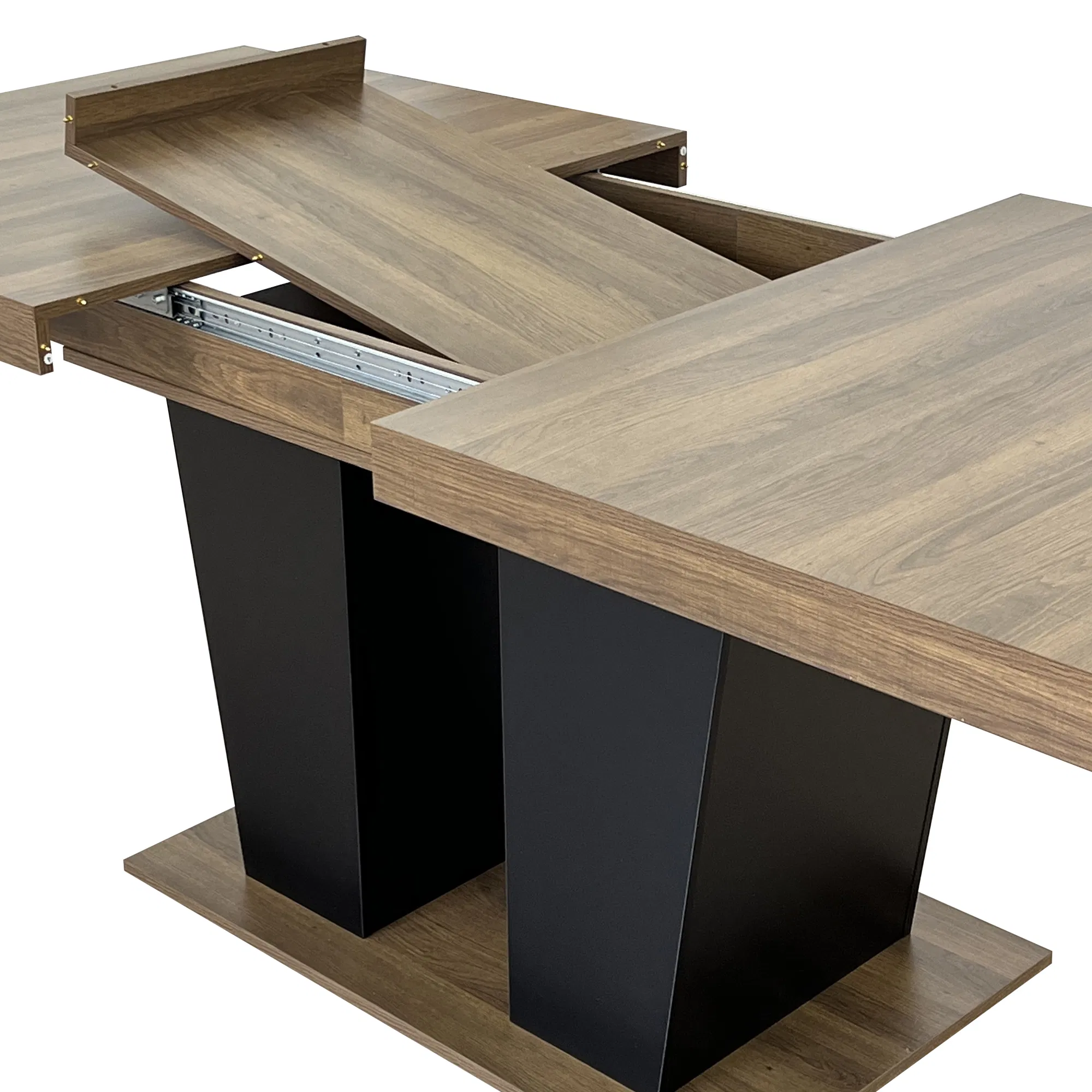 Extendable Brown Dining Table for 6–10, 79" — table fully extended with leaves in place