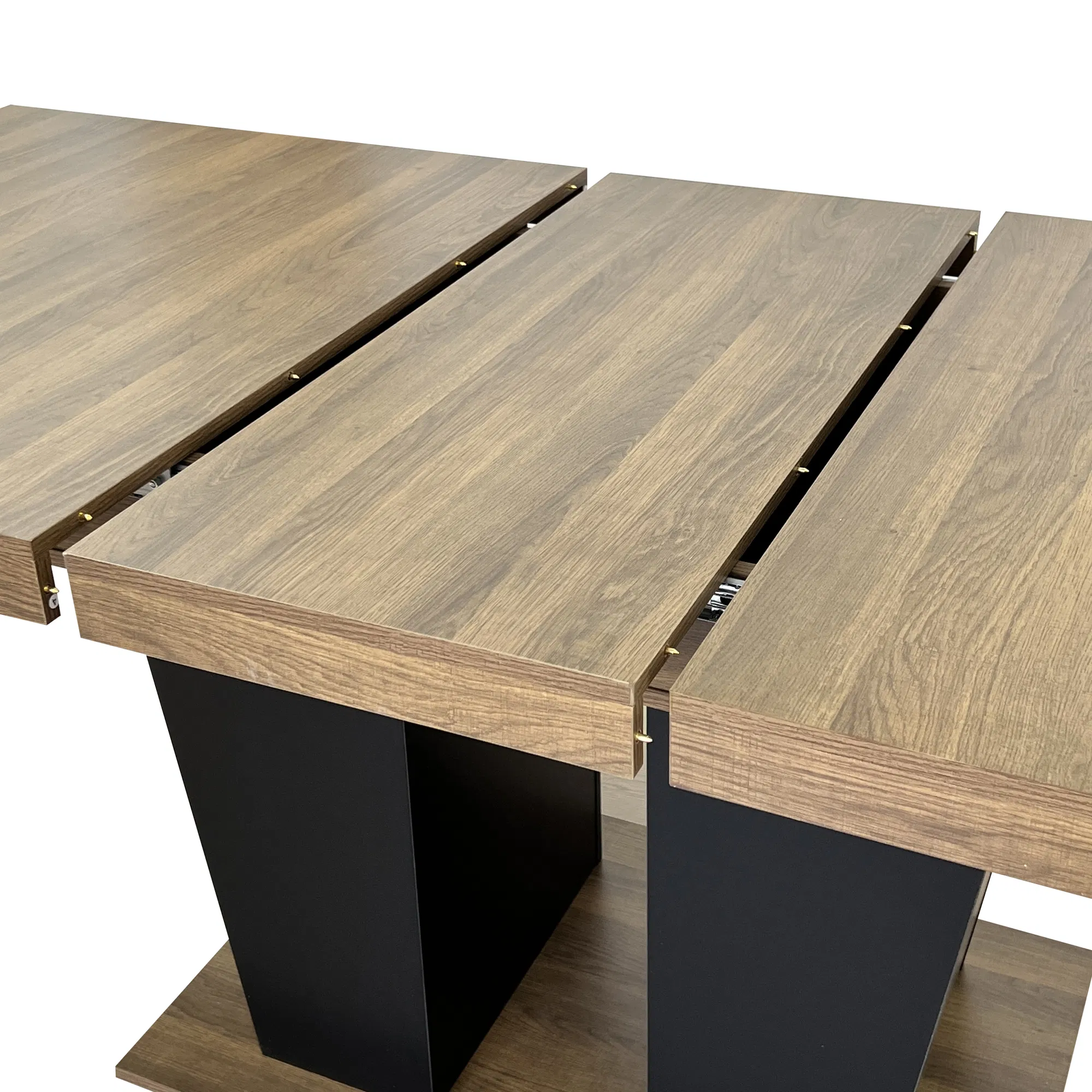 Extendable Brown Dining Table for 6–10, 79" — close-up of center leaf seams and extension rail