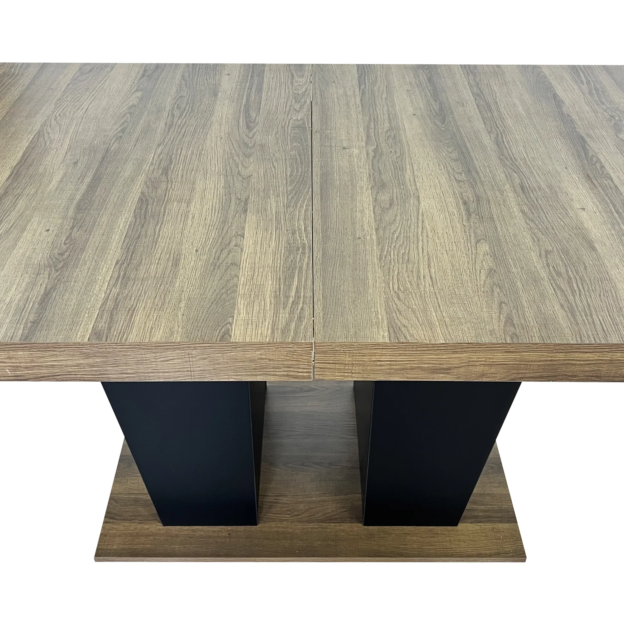 Extendable Brown Dining Table for 6–10, 79" — front view of the double-pedestal base