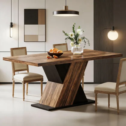 Farmhouse Brown Dining Table for 4–6, 55" — styled with four chairs in a modern dining room