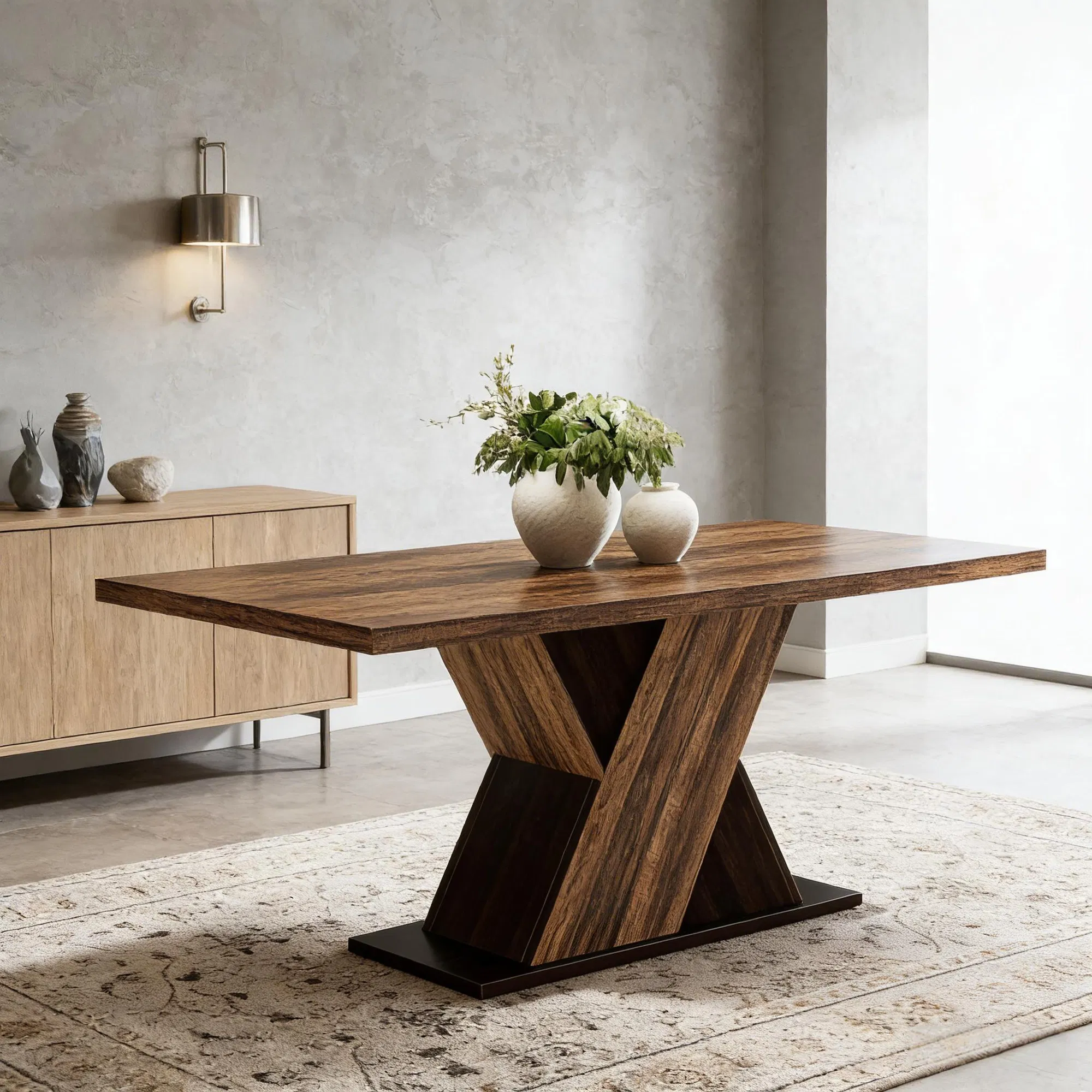 Farmhouse Brown Dining Table for 4–6, 55" — angled lifestyle view in a dining area