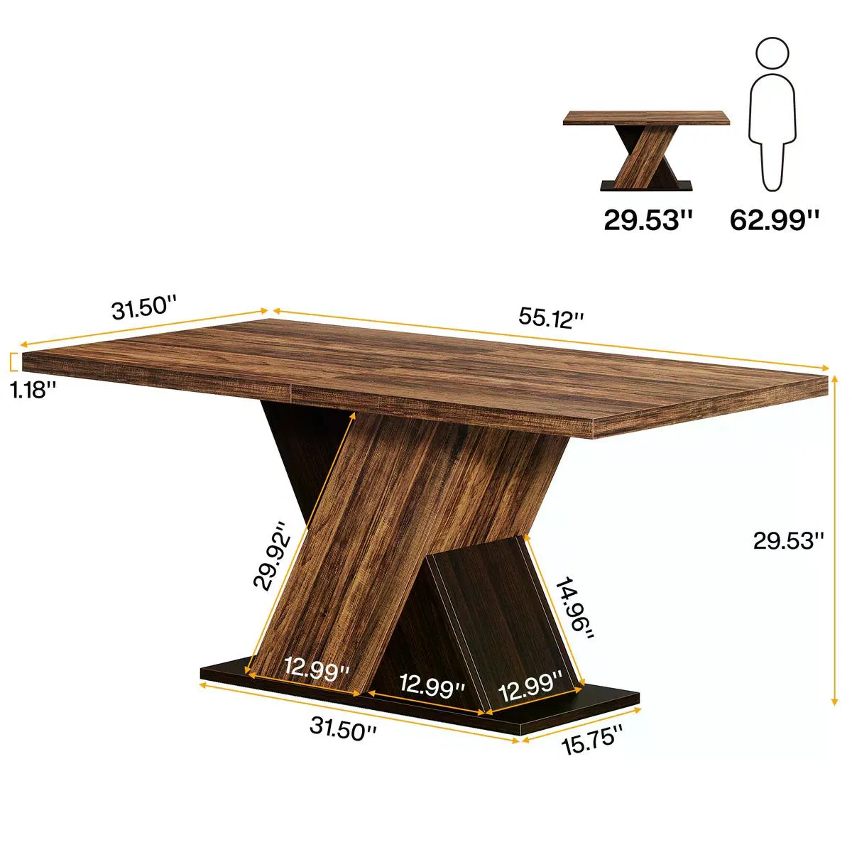 Farmhouse Brown Dining Table for 4–6, 55" — dimension diagram for the 55-inch dining table