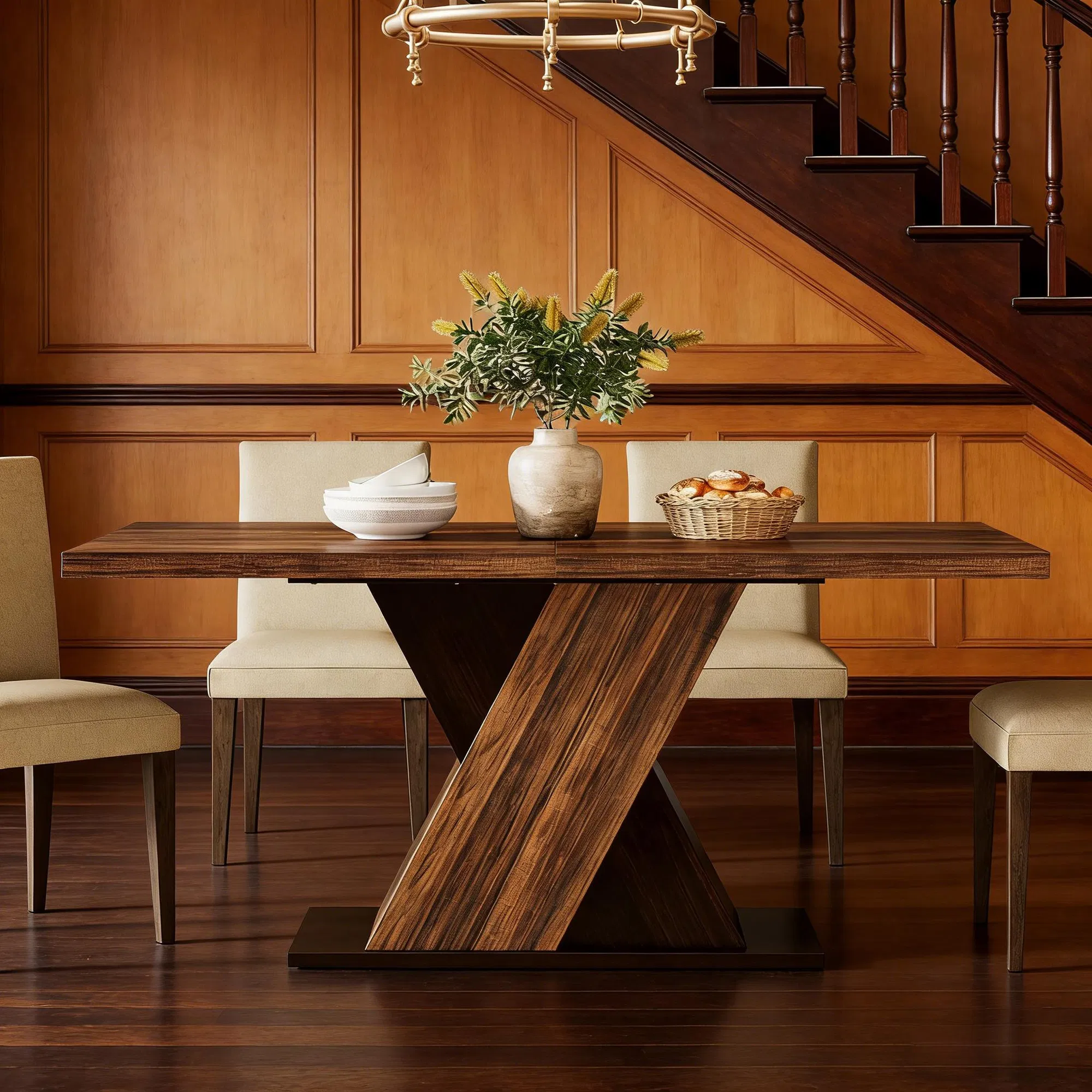 Farmhouse Brown Dining Table for 4–6, 55" — styled against warm wood wall panels
