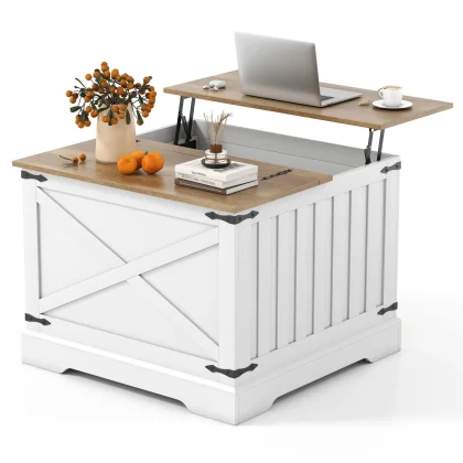 Farmhouse Lift-Top Coffee Table with Hidden Storage — rustic wood top raised in a farmhouse living room