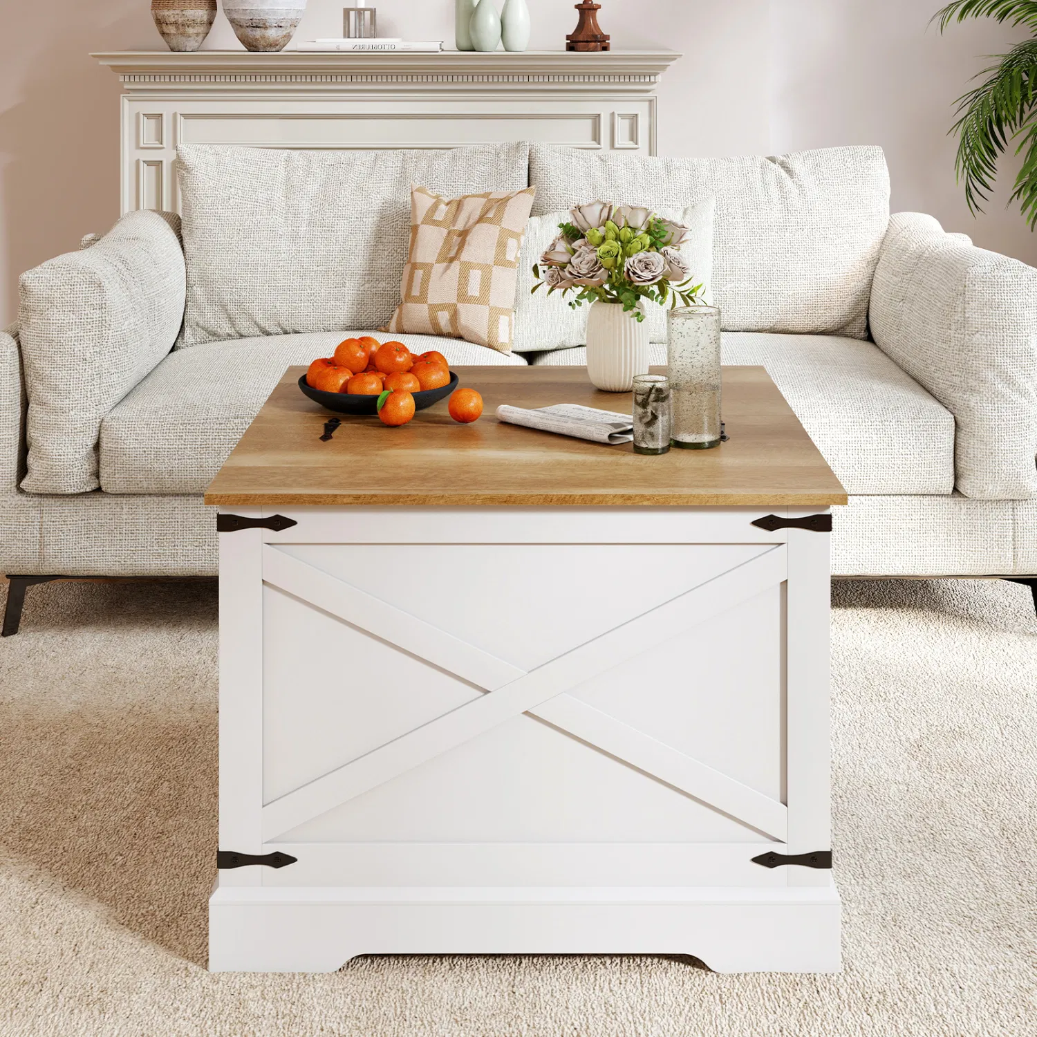Farmhouse Lift-Top Coffee Table with Hidden Storage — rustic wood top open to show hidden compartment