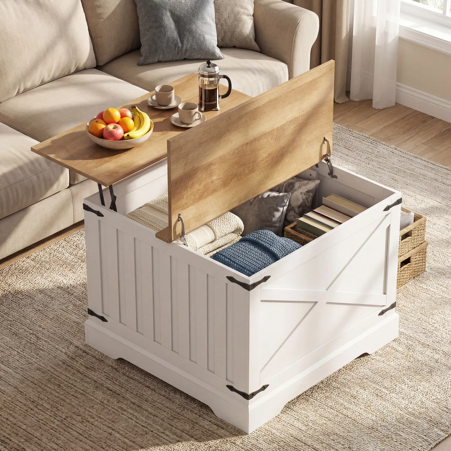 Farmhouse Lift-Top Coffee Table with Hidden Storage — rustic wood top dimension diagram in closed position