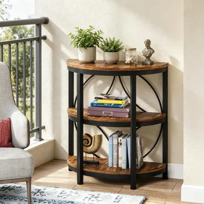 Half-Round 3-Tier Narrow Side Table — beside a sofa in a compact living room