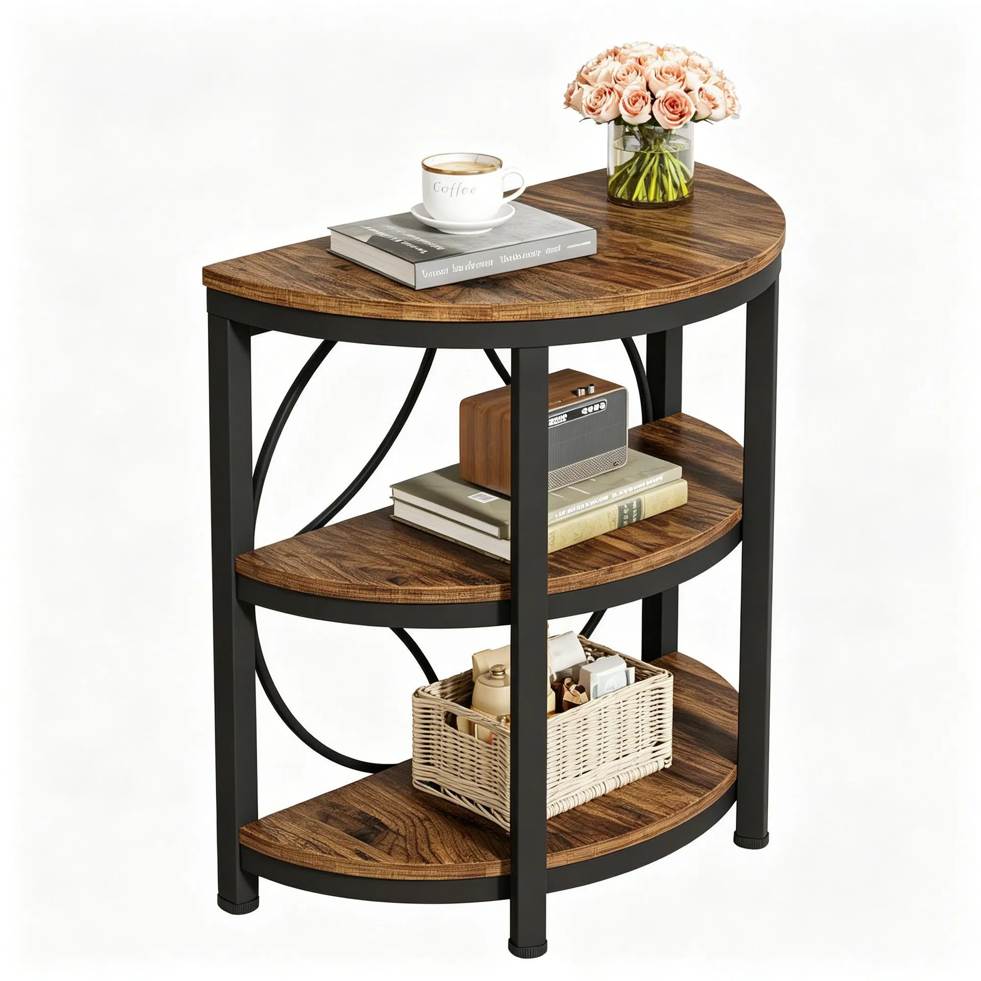 Half-Round 3-Tier Narrow Side Table — against a wall with plants and decor