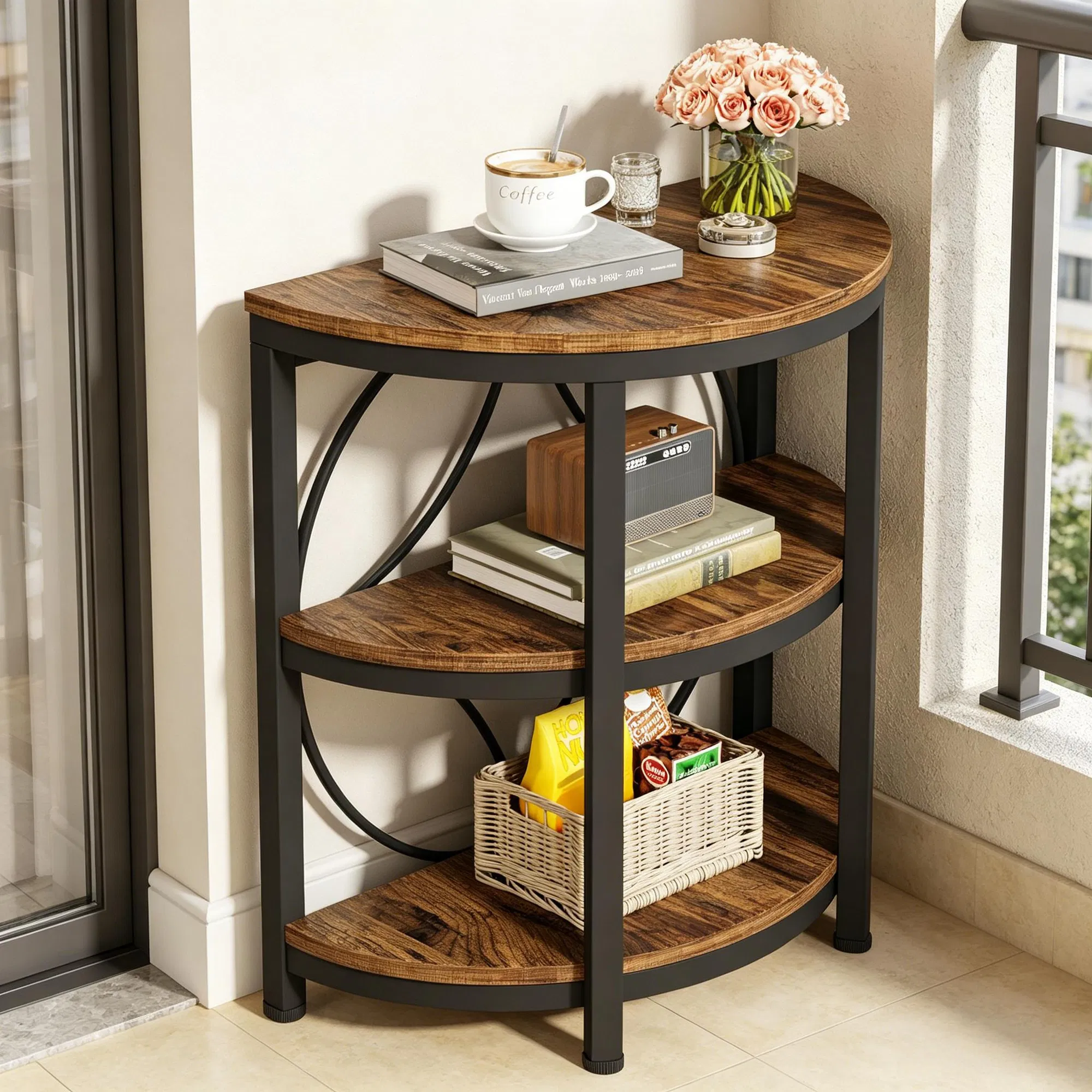 Half-Round 3-Tier Narrow Side Table — front angle isolated on white