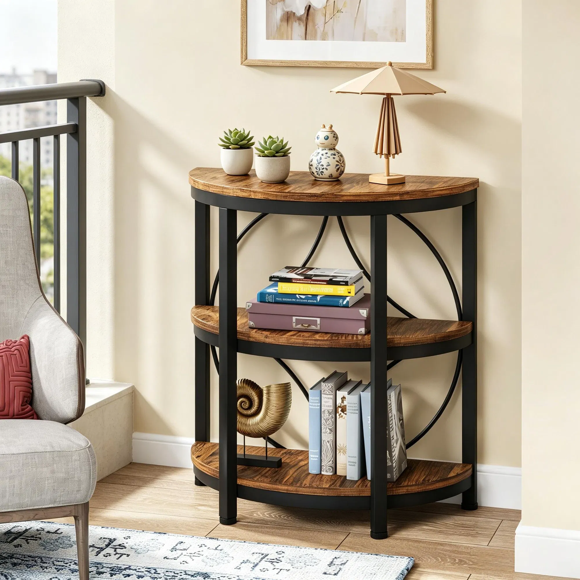 Half-Round 3-Tier Narrow Side Table — straight front view isolated on white