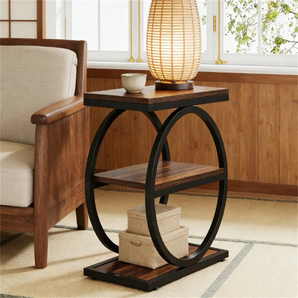 Industrial 3-Tier Side Table with Open Storage — beside an armchair in a modern living room