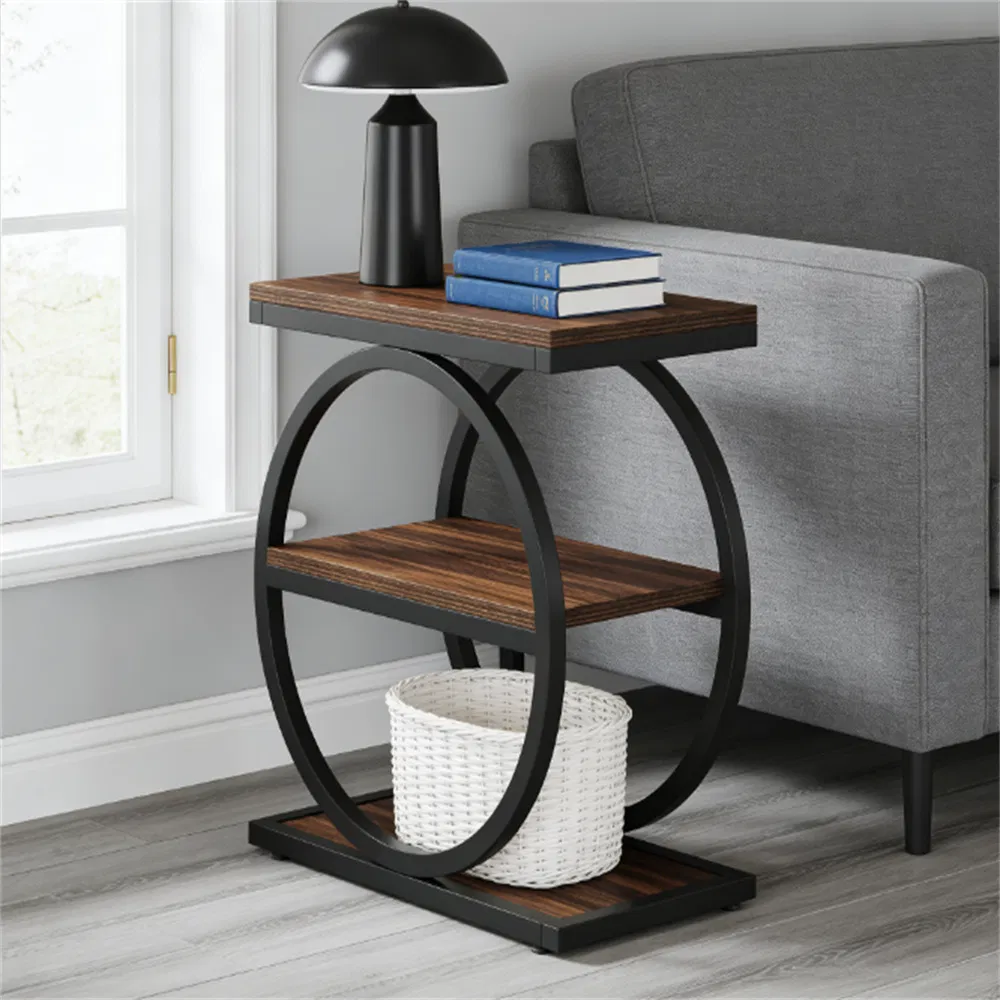 Industrial 3-Tier Side Table with Open Storage — beside a sofa with books and decor