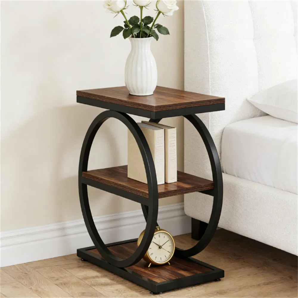 Industrial 3-Tier Side Table with Open Storage — between a sofa and bed in a compact room