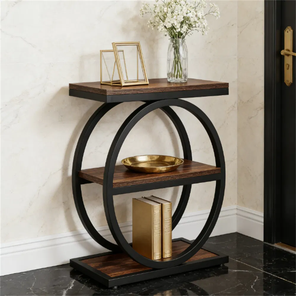 Industrial 3-Tier Side Table with Open Storage — against an entryway wall