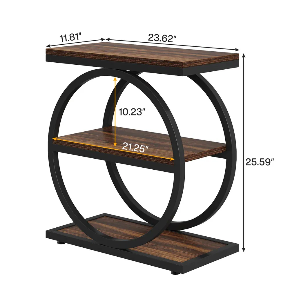Industrial 3-Tier Side Table with Open Storage — dimension diagram showing width depth and height