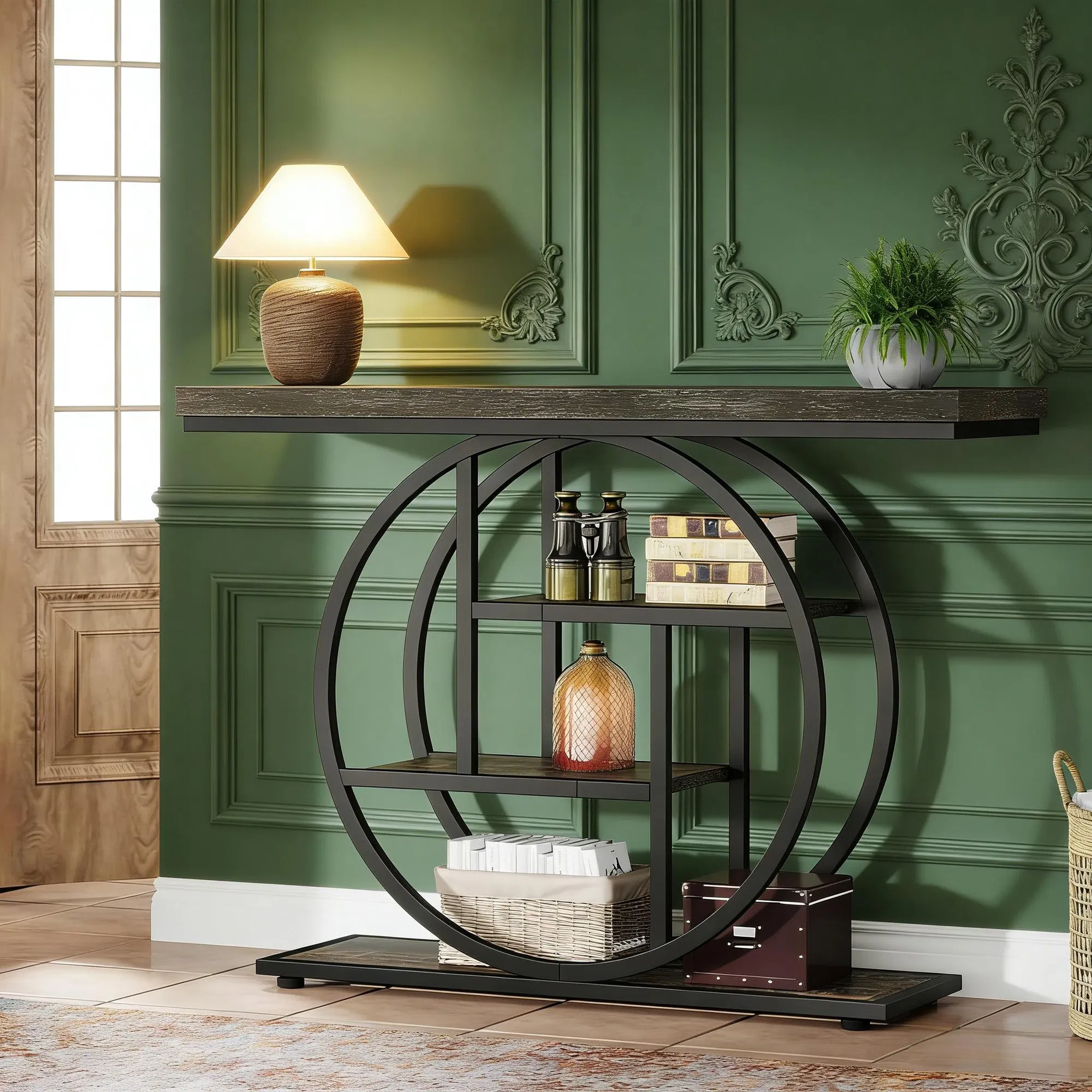 Industrial Gray 4-Tier Console Table, 41" — hallway display with framed artwork