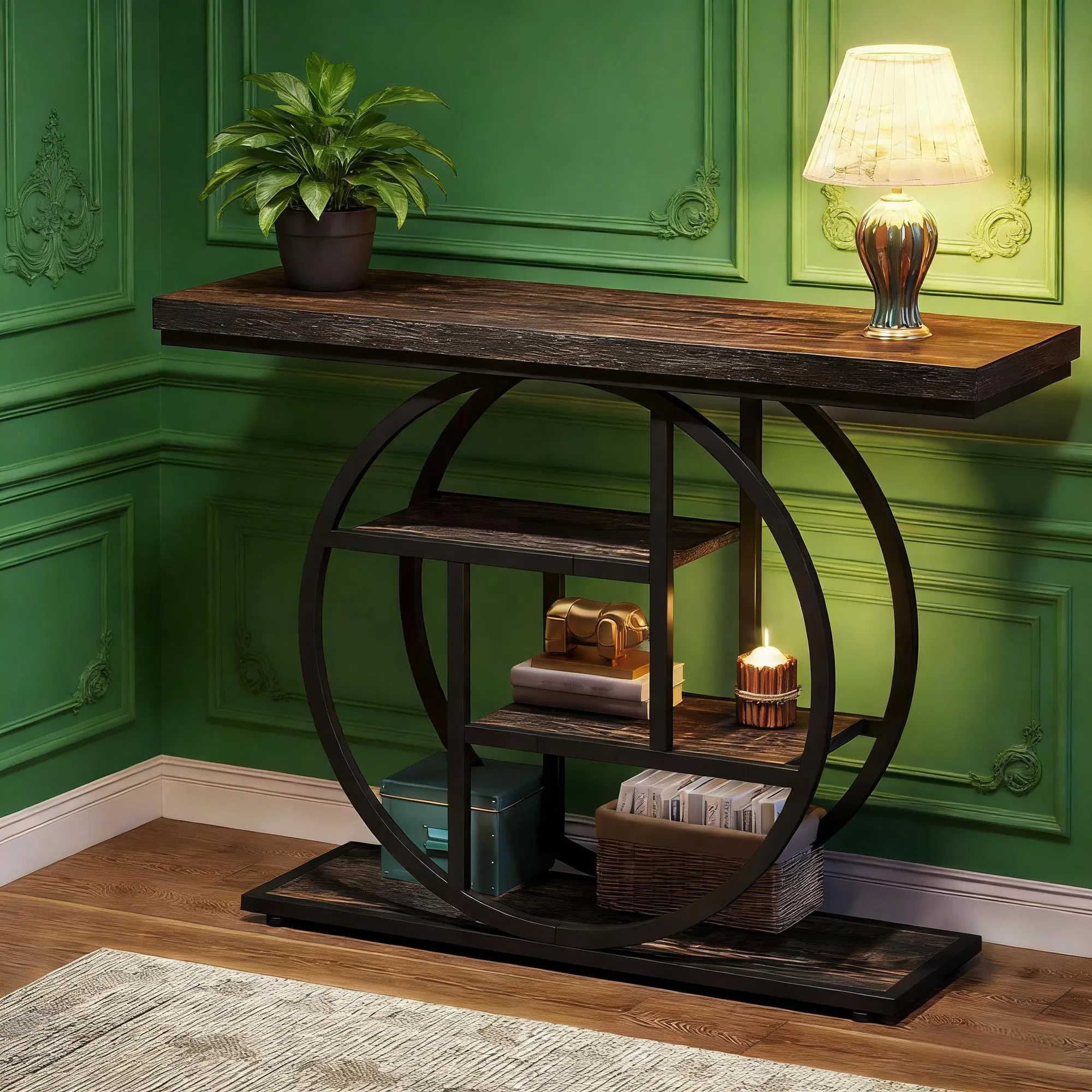 Industrial Gray 4-Tier Console Table, 41" — dimension diagram showing width depth and height