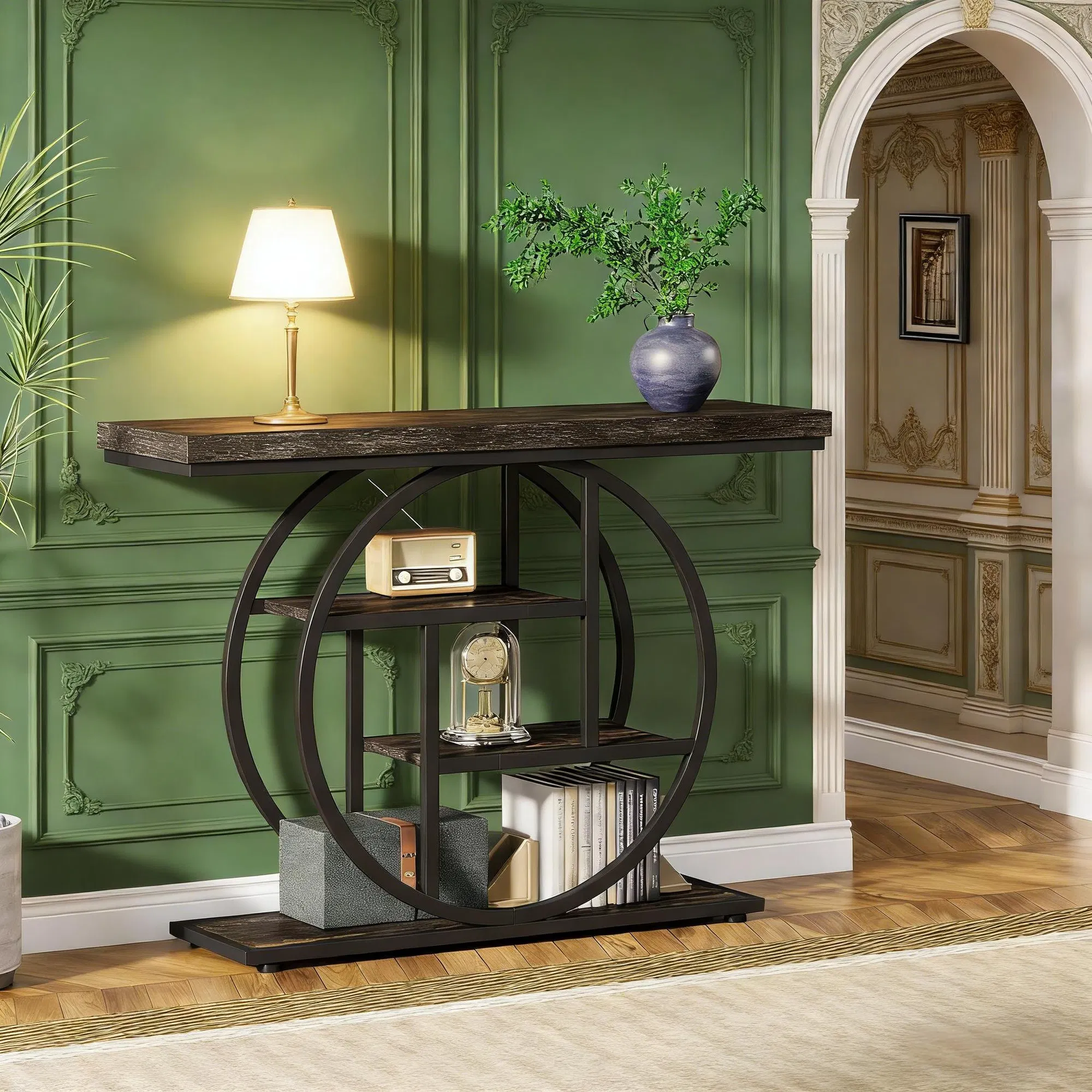 Industrial Gray 4-Tier Console Table, 41" — angled front view isolated on white