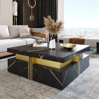 Modern Square Coffee Table with 4 Drawers, 43" — black finish styled in a modern living room