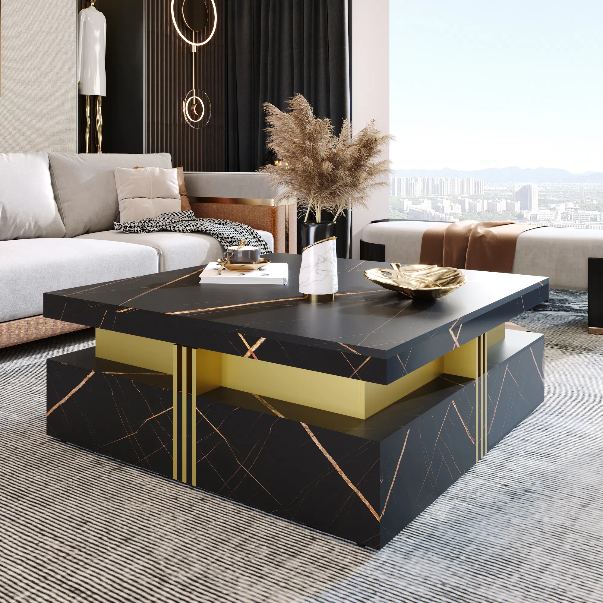 Modern Square Coffee Table with 4 Drawers, 43" — black finish styled in a modern living room