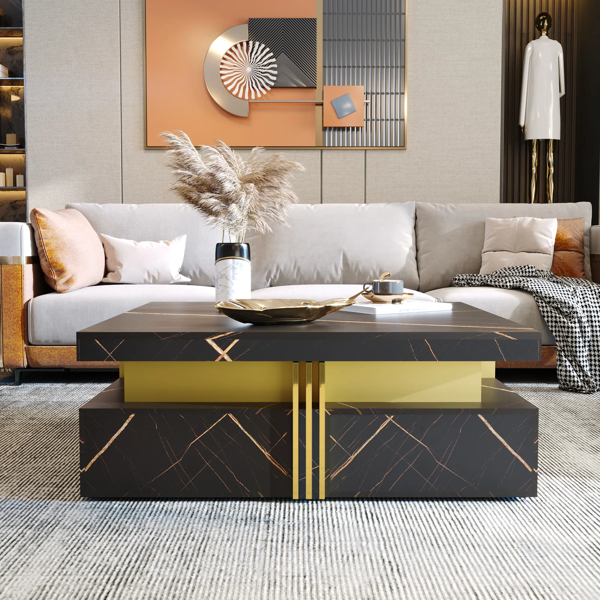 Modern Square Coffee Table with 4 Drawers, 43" — black finish with gold-tone drawer accents