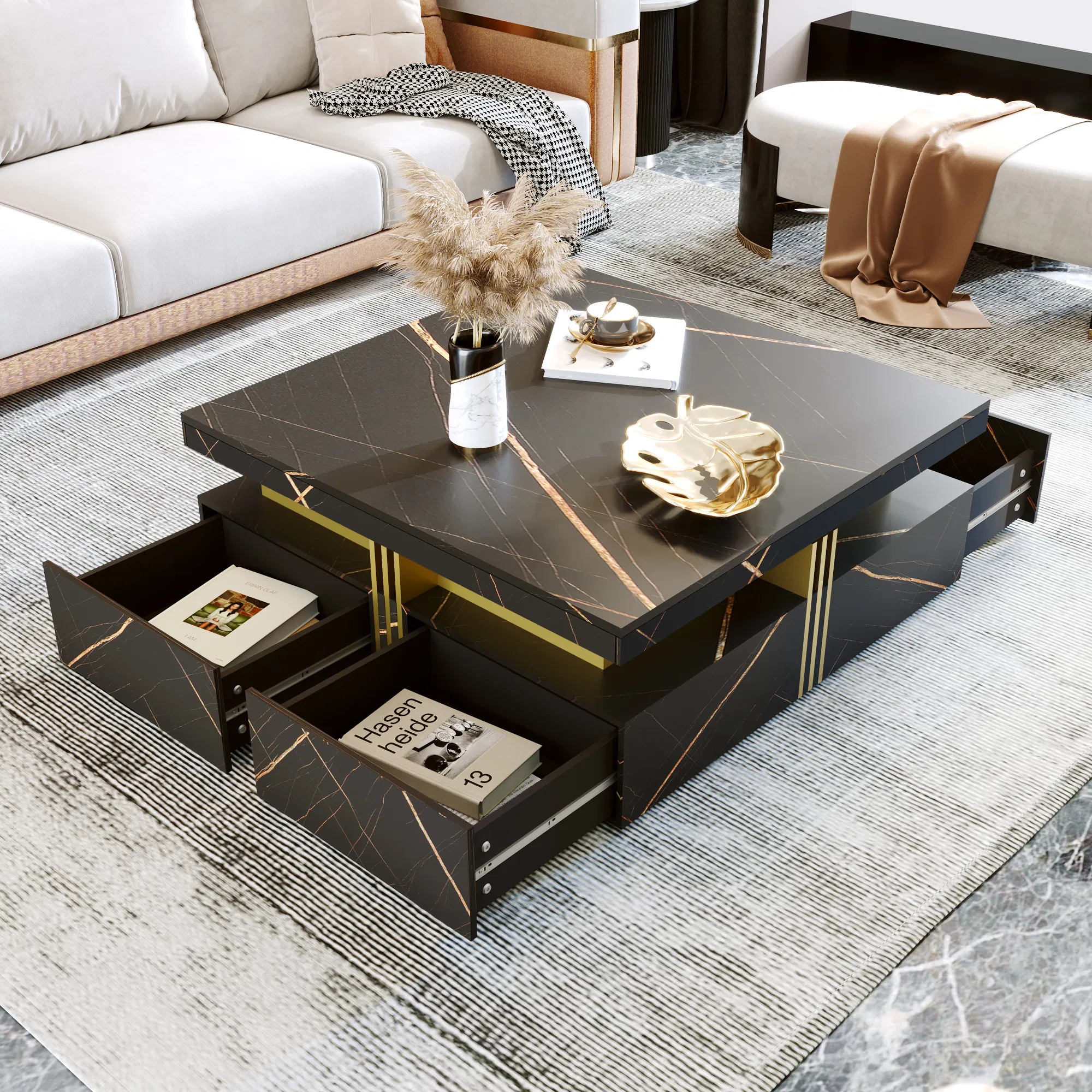 Modern Square Coffee Table with 4 Drawers, 43" — black finish front angle with drawers closed
