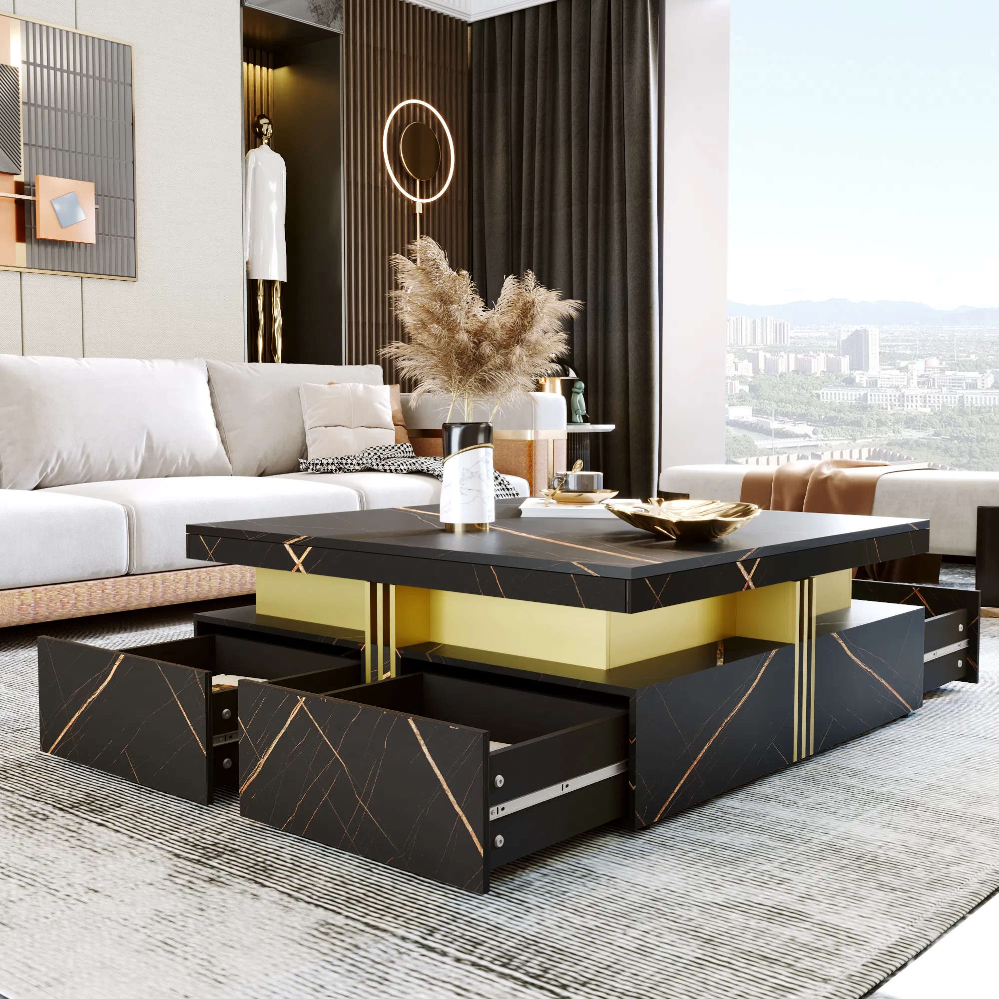 Modern Square Coffee Table with 4 Drawers, 43" — black finish drawer open to show storage
