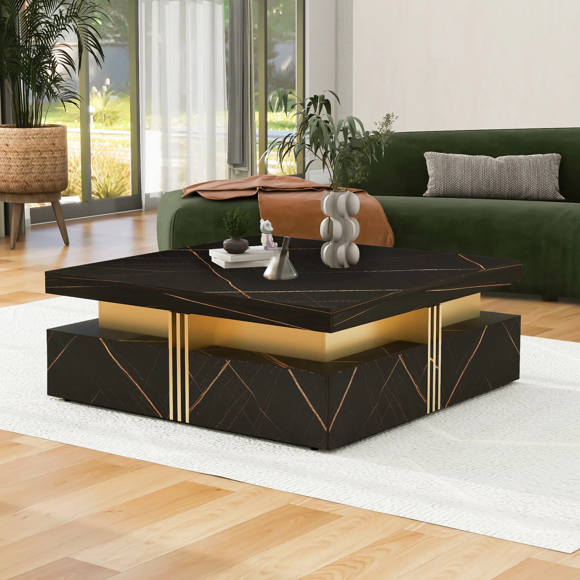 Modern Square Coffee Table with 4 Drawers, 43" — black finish top and pedestal detail